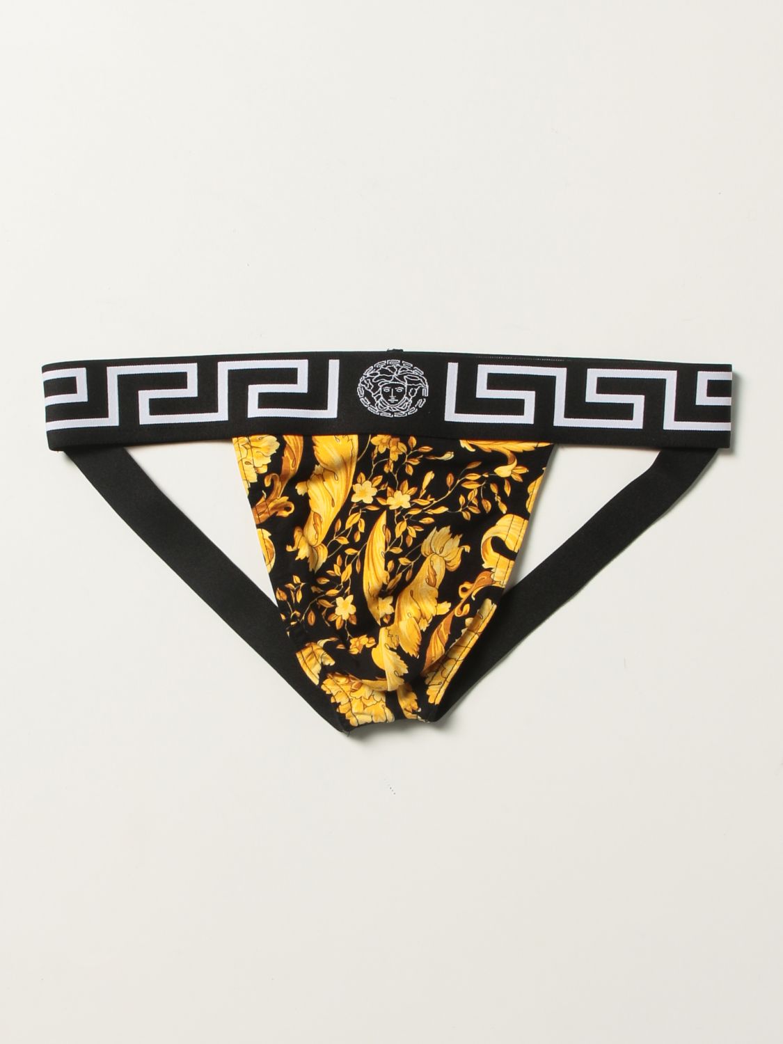 Underwear Versace: Versace Baroque cotton border jock strap black 1