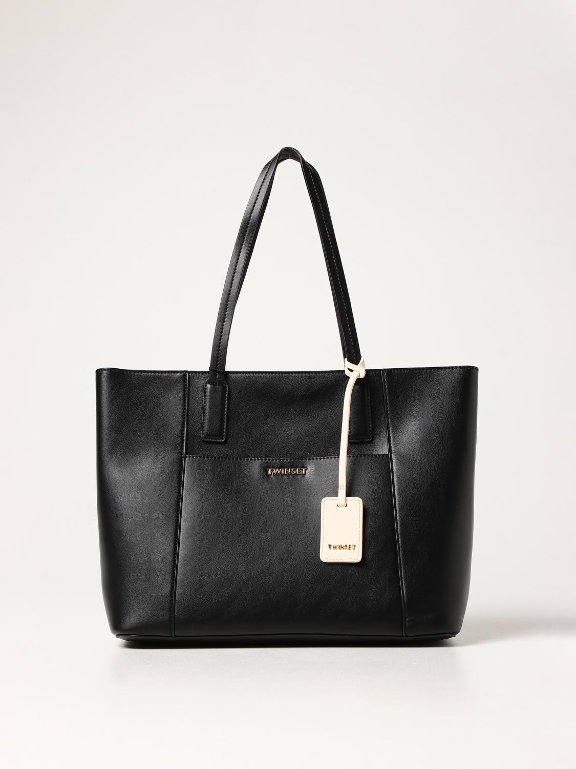 TWINSET: tote bag in smooth synthetic leather - Black | Twinset tote ...