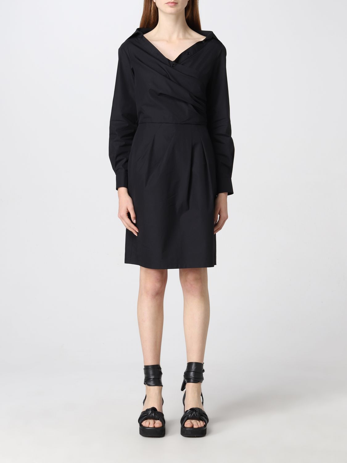 Max Mara Cotton Dress With Drapery In Black | ModeSens