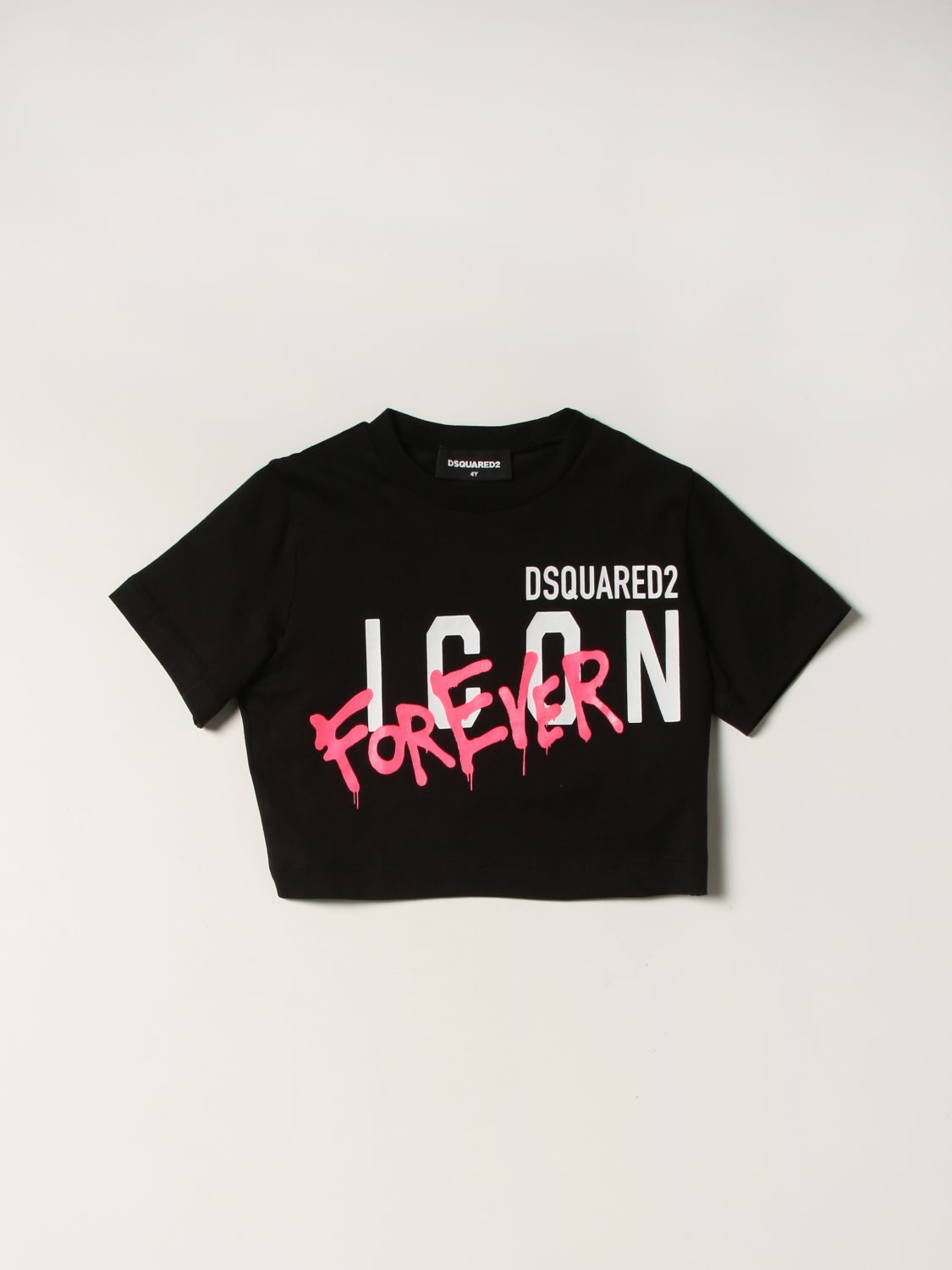 DSQUARED2 JUNIOR: cropped T-shirt with Icon logo - Black | Dsquared2 ...