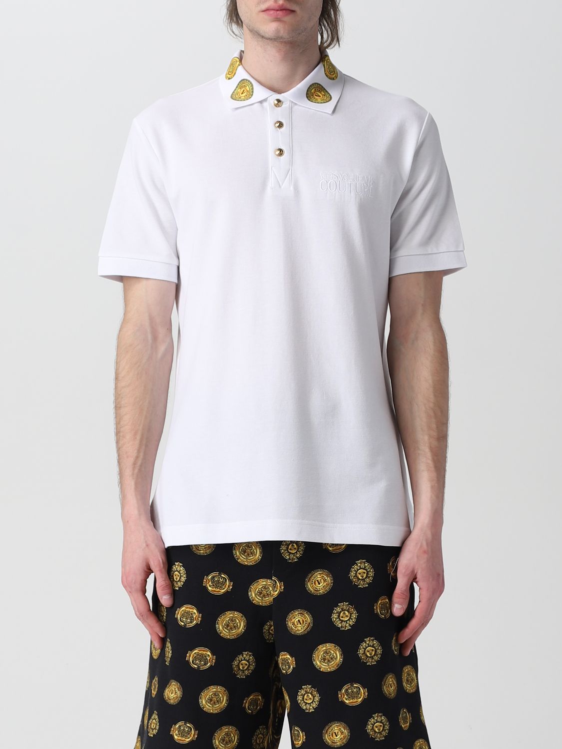 VERSACE JEANS COUTURE: polo shirt with patterned collar - White ...