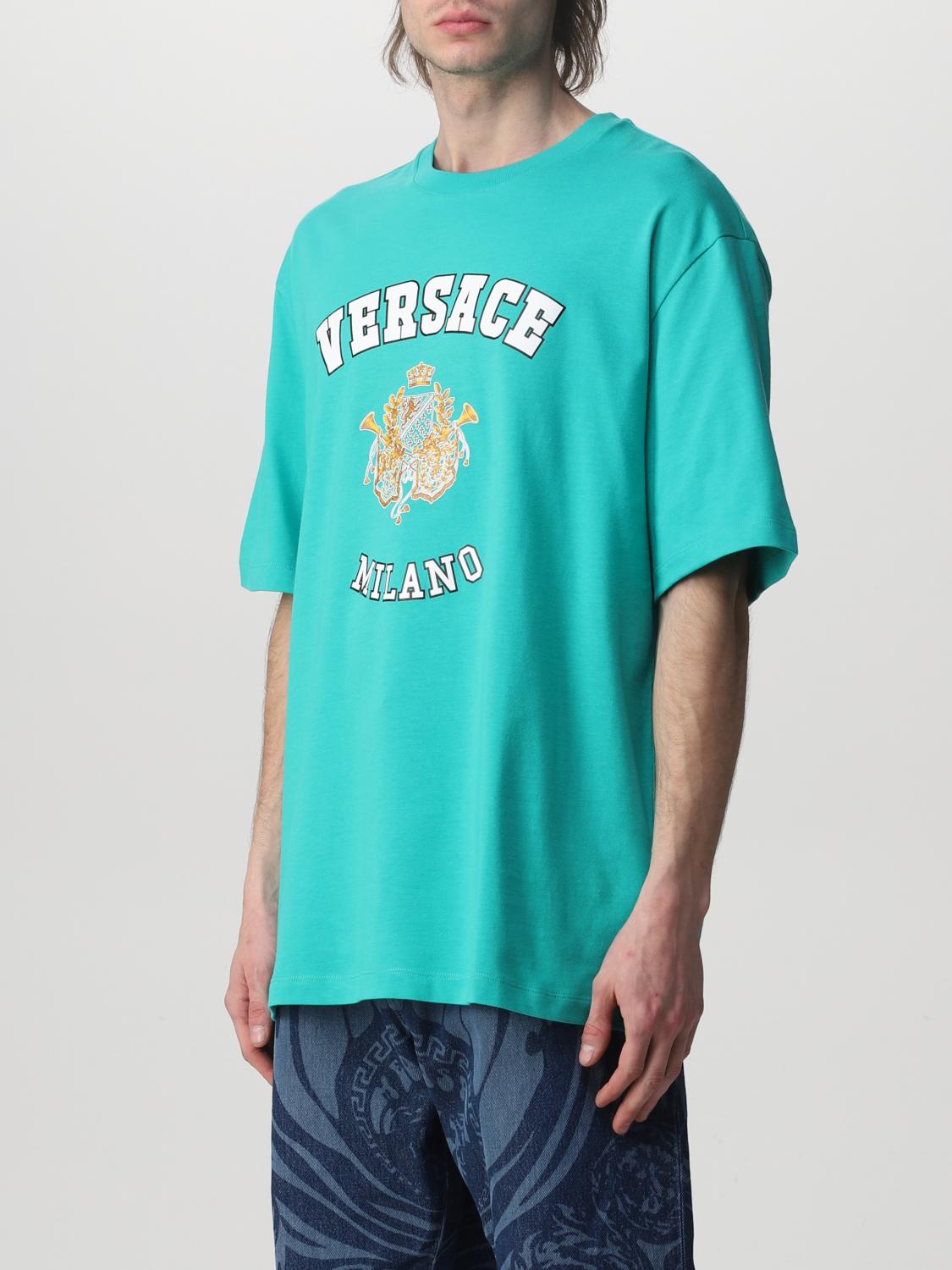 VERSACE: T-shirt in cotone con logo - Turchese | T-Shirt Versace  10051701A03467 GIGLIO.COM