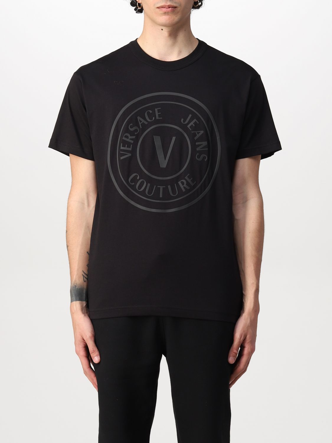 VERSACE JEANS COUTURE: t-shirt with big logo - Black | Versace Jeans ...