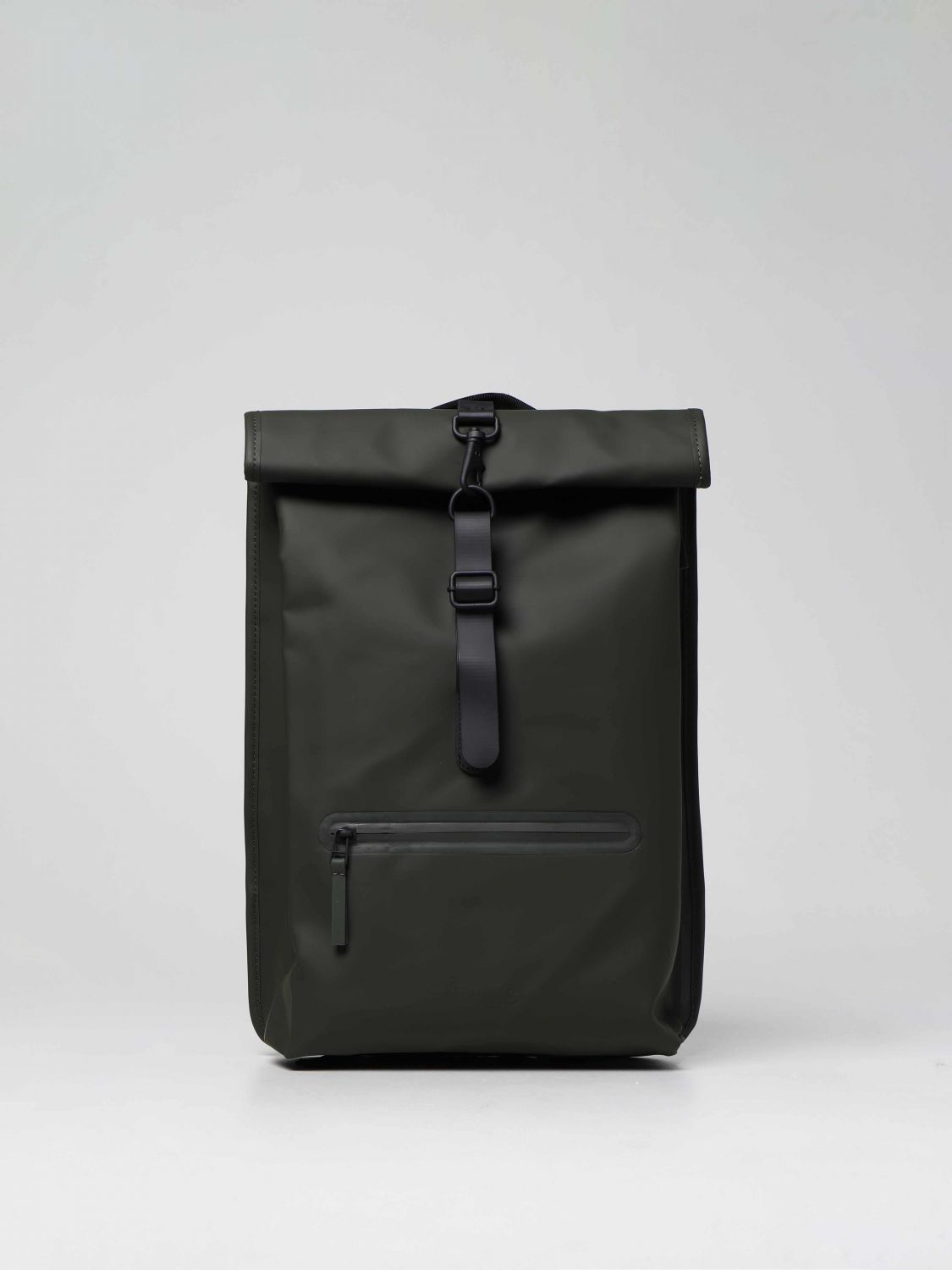 RAINS: Rolltop Rucksack backpack in rubberized synthetic leather ...