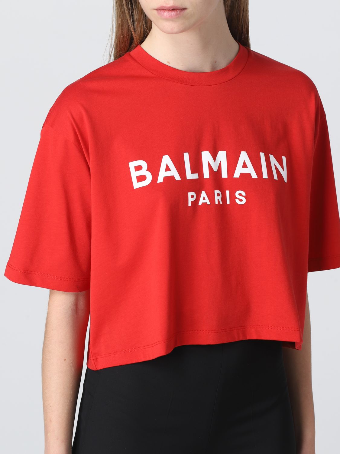 BALMAIN: cropped cotton t-shirt with Red | Balmain t-shirt XF0EE020BB02 on
