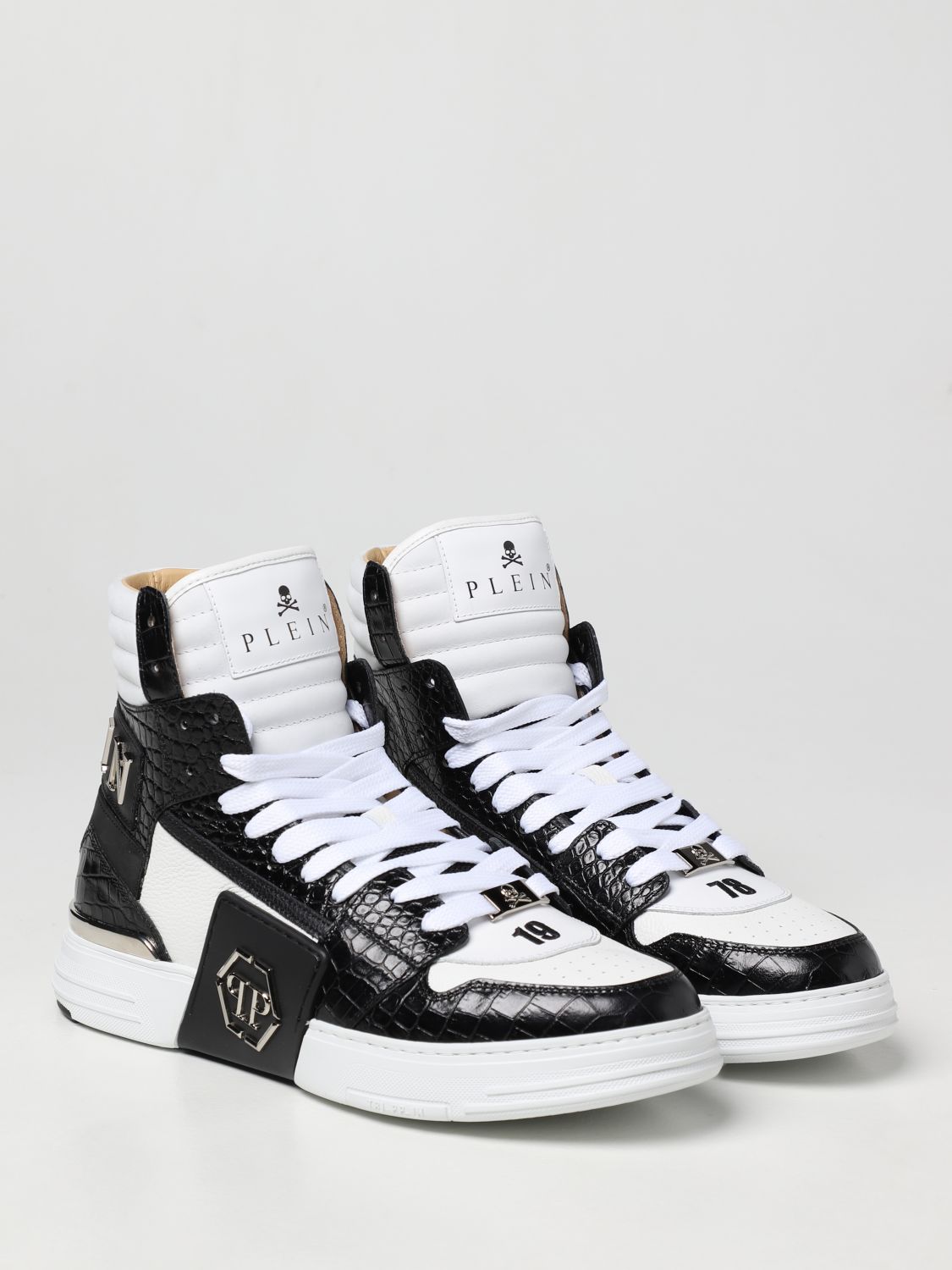 PHILIPP PLEIN: high-top sneakers in leather with logo - White | Philipp ...