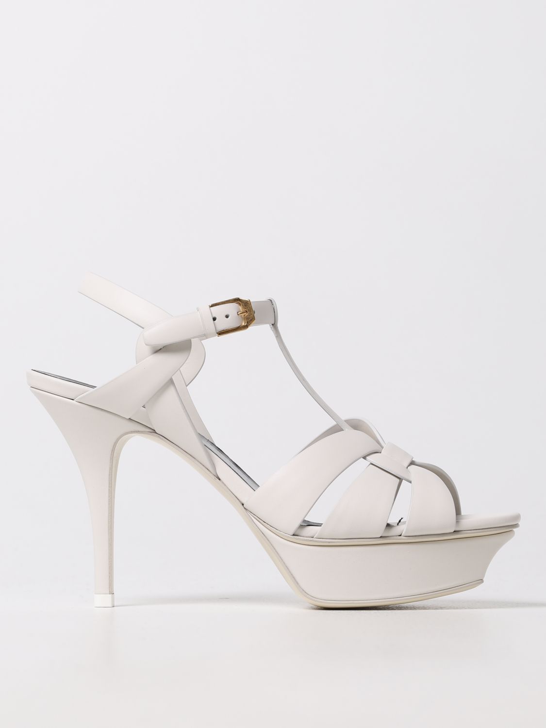 SAINT LAURENT: Tribute leather heeled sandals - White | Saint Laurent