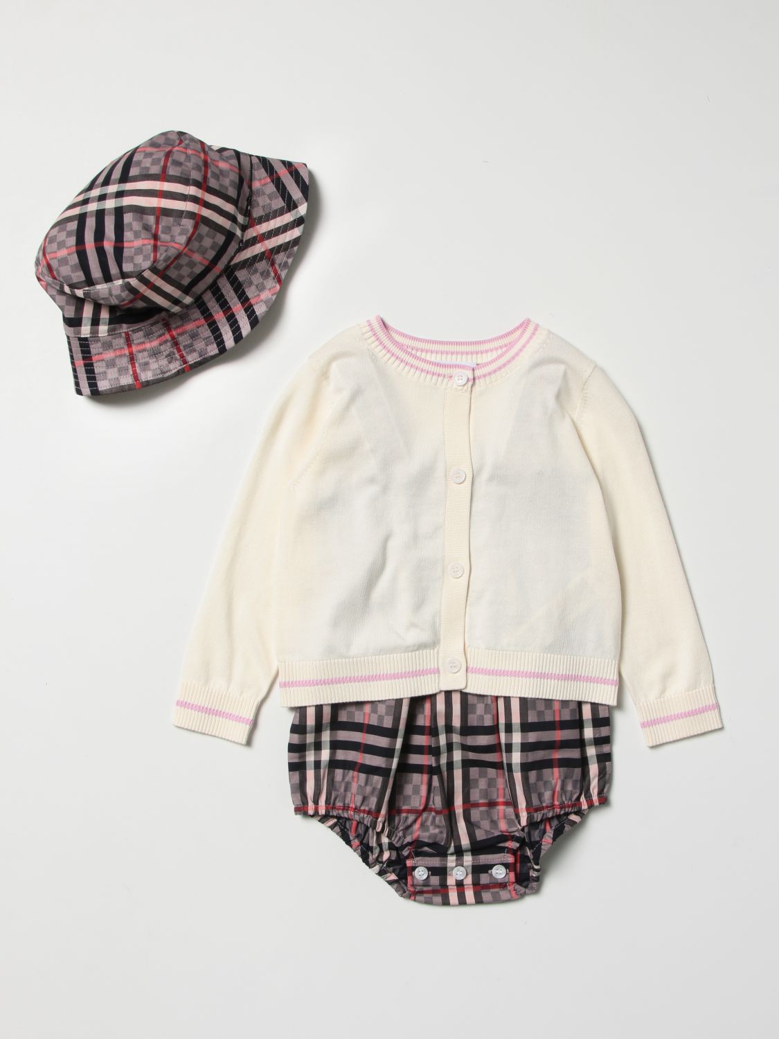 Burberry Babies' 3 Pieces Cotton Set With Chessboard Pattern In Pink