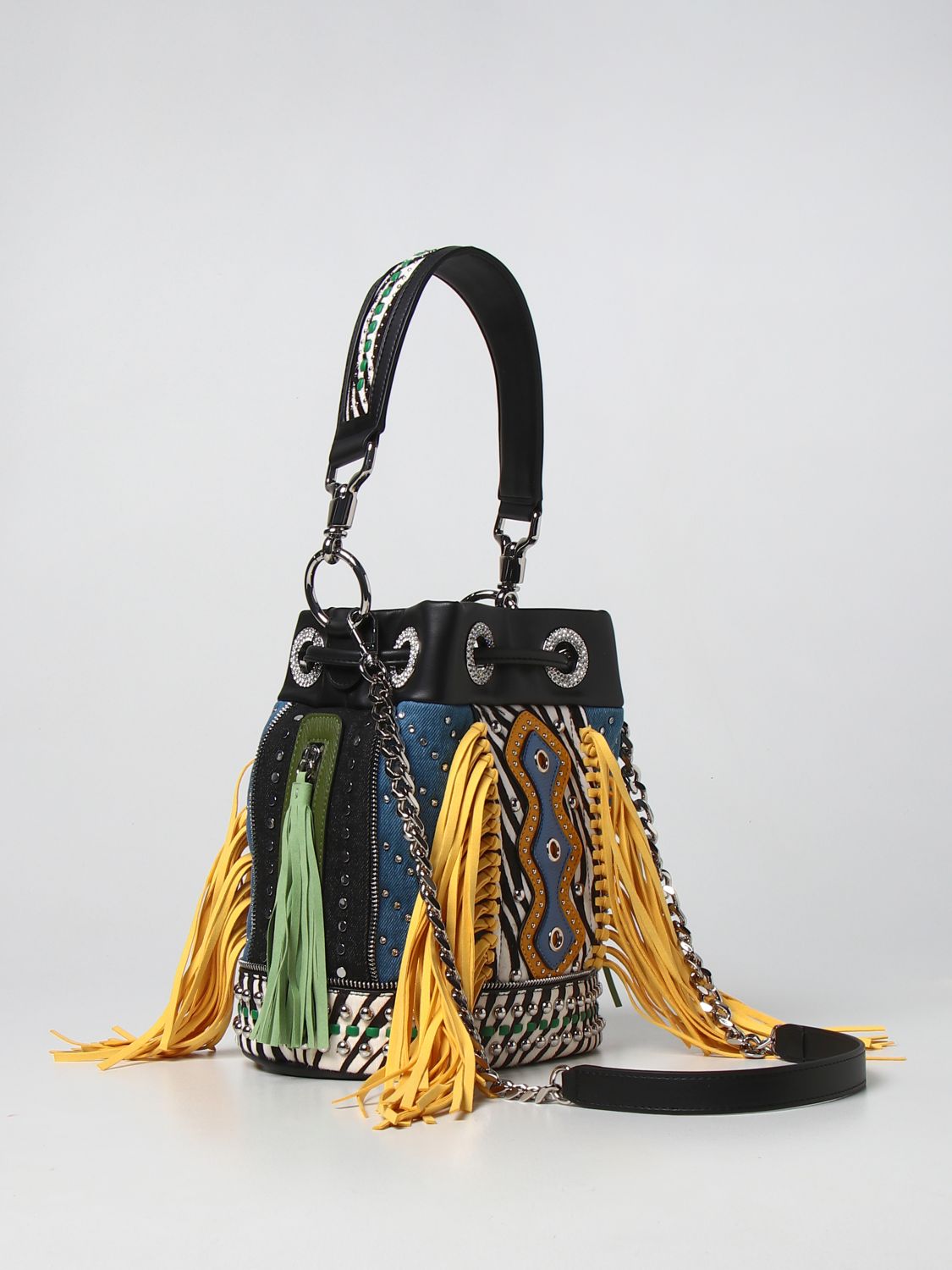 LA CARRIE: bucket bag with fringes and applications - Multicolor