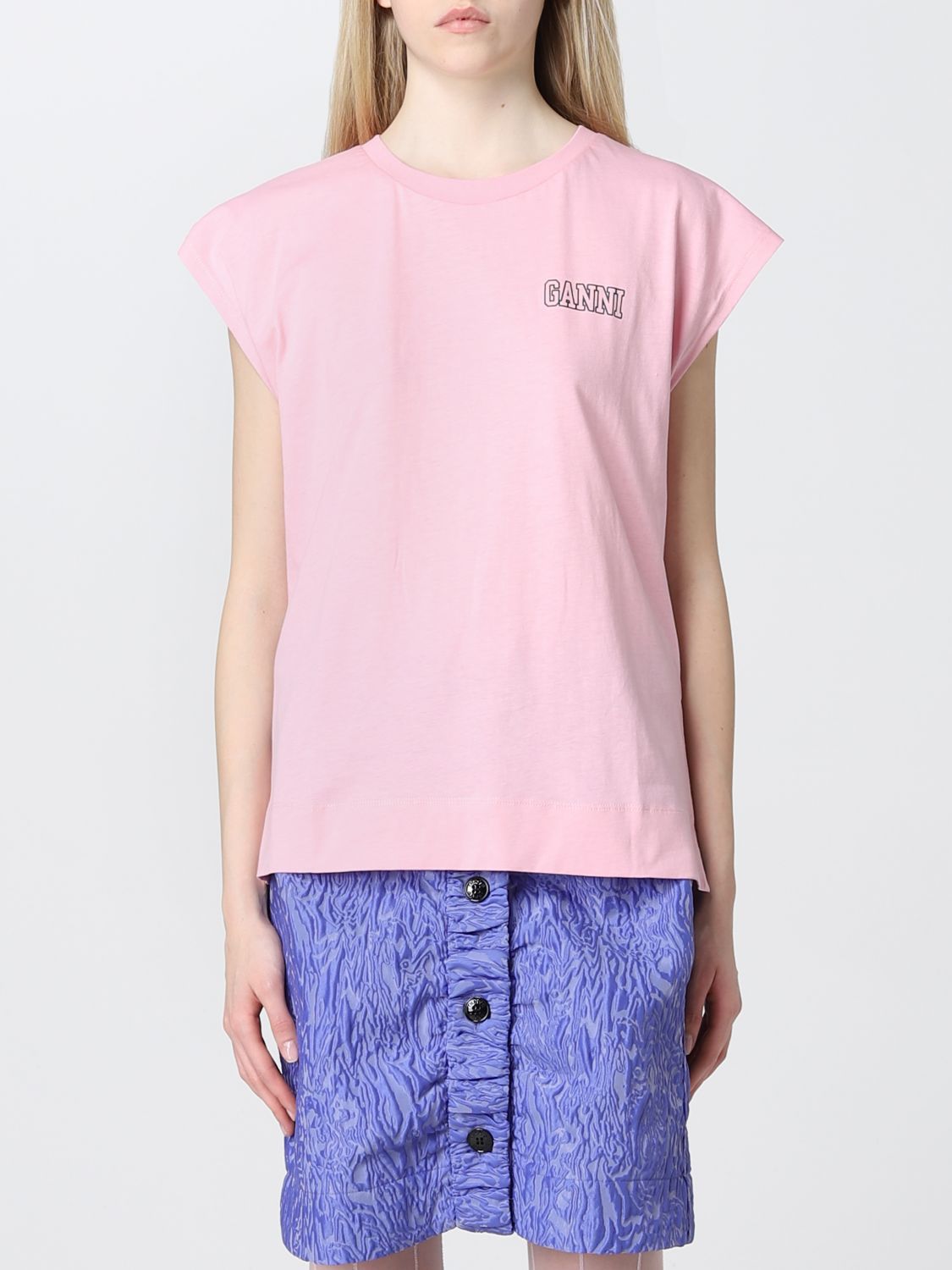 GANNI: cotton t-shirt with logo - Pink | Ganni t-shirt T3202 online on ...