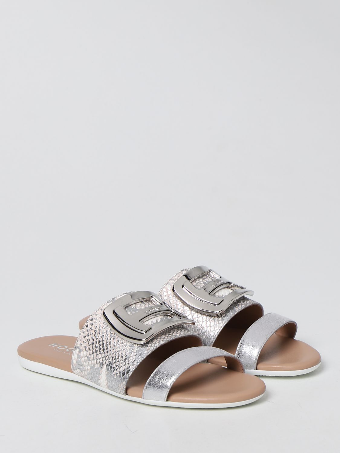 Hogan Outlet: flat sandal in python print laminated leather - Silver ...