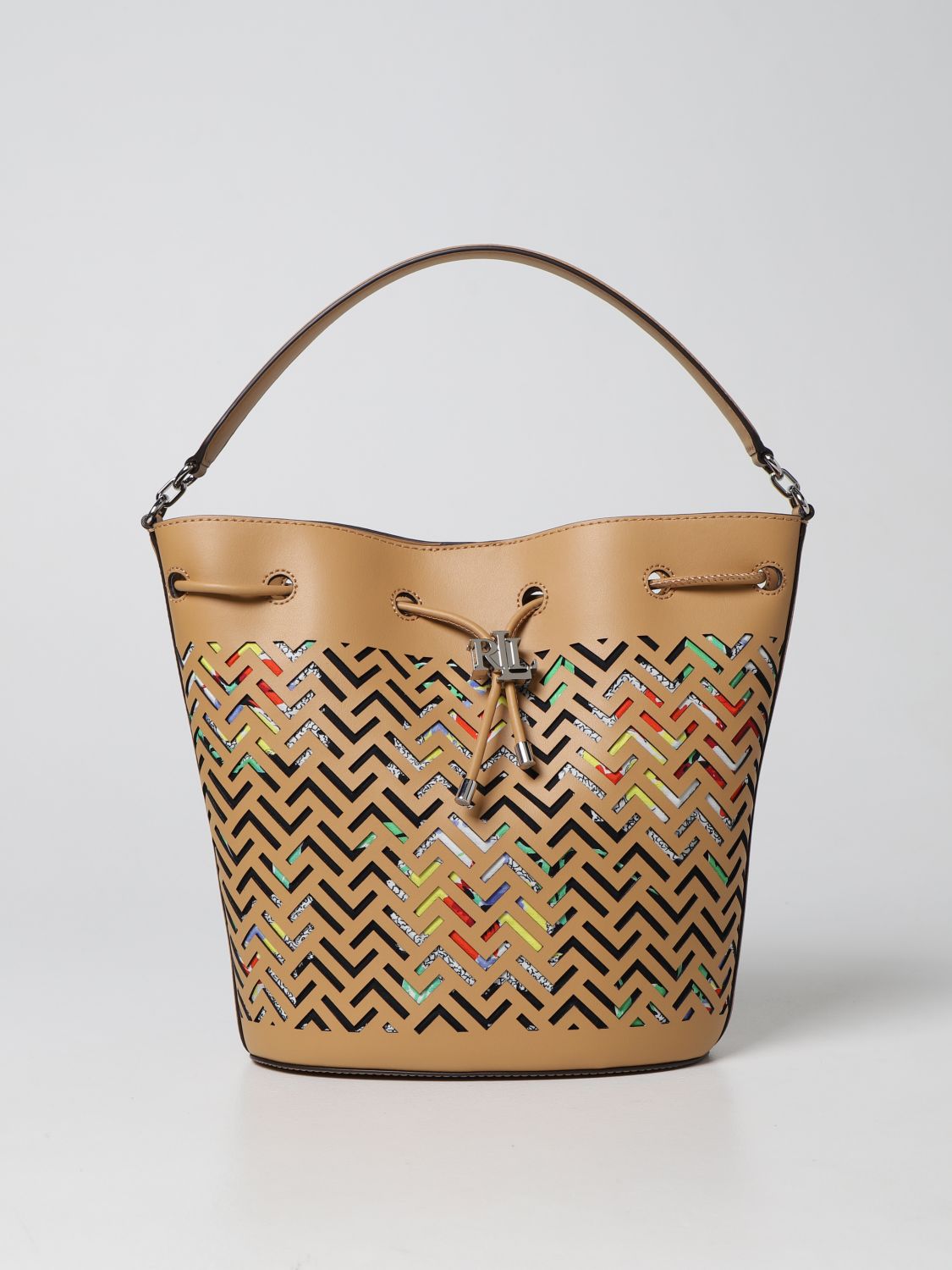 Lauren Ralph Lauren Bucket Bag In Leather And Fabric In Beige | ModeSens
