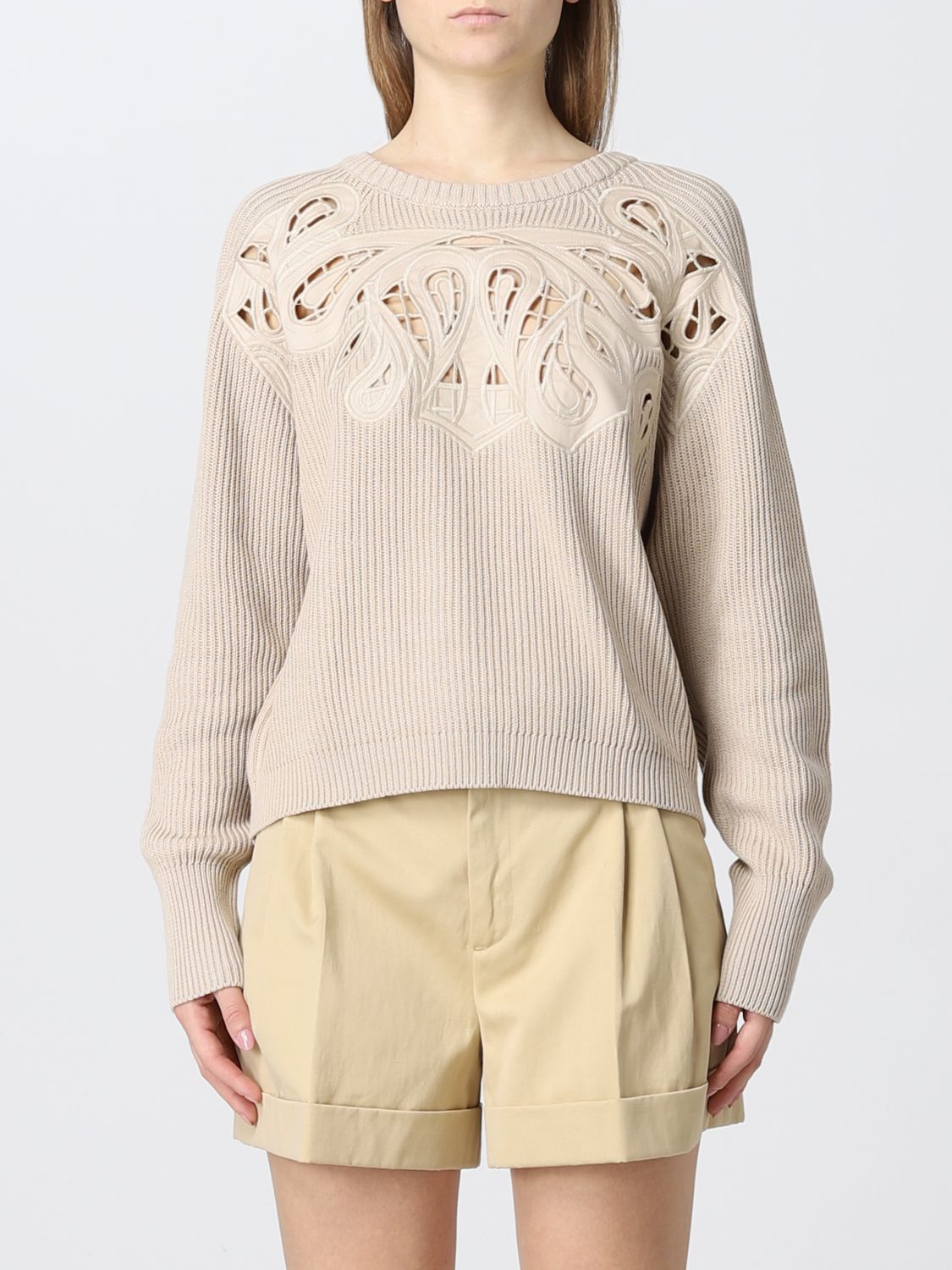 TWINSET: ribbed cotton sweater with embroidery - Sand | Sweater Twinset ...