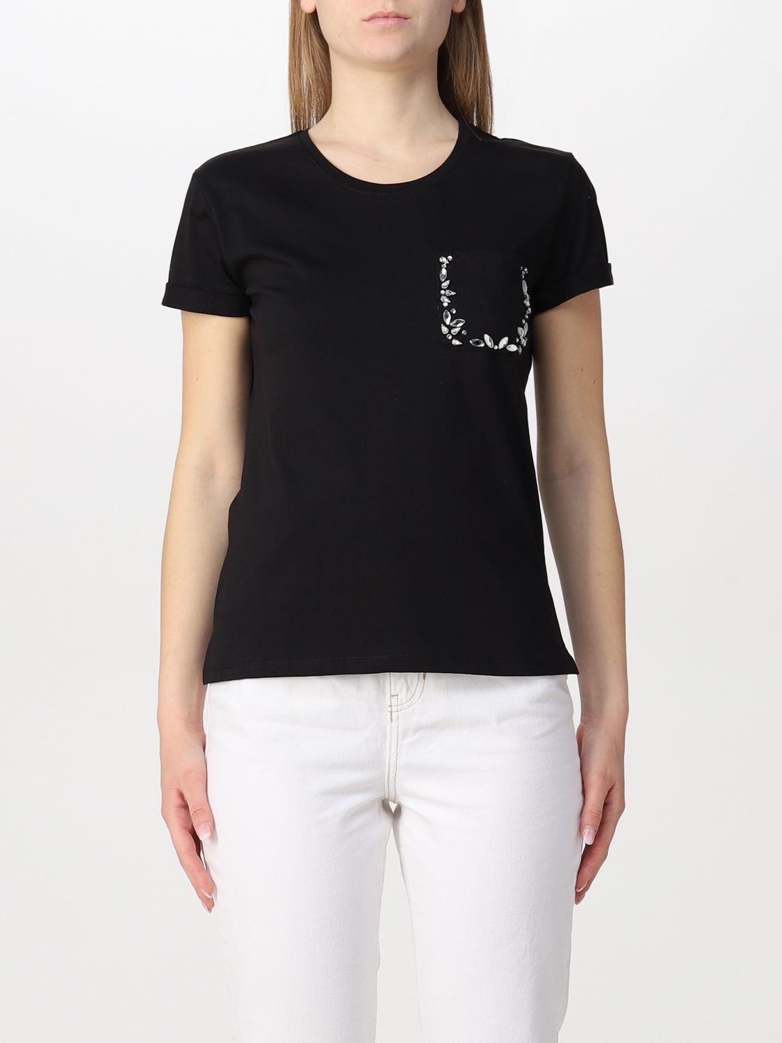 LIU JO: Liu Jom cotton T-shirt with patch pocket - Black | Liu Jo t ...
