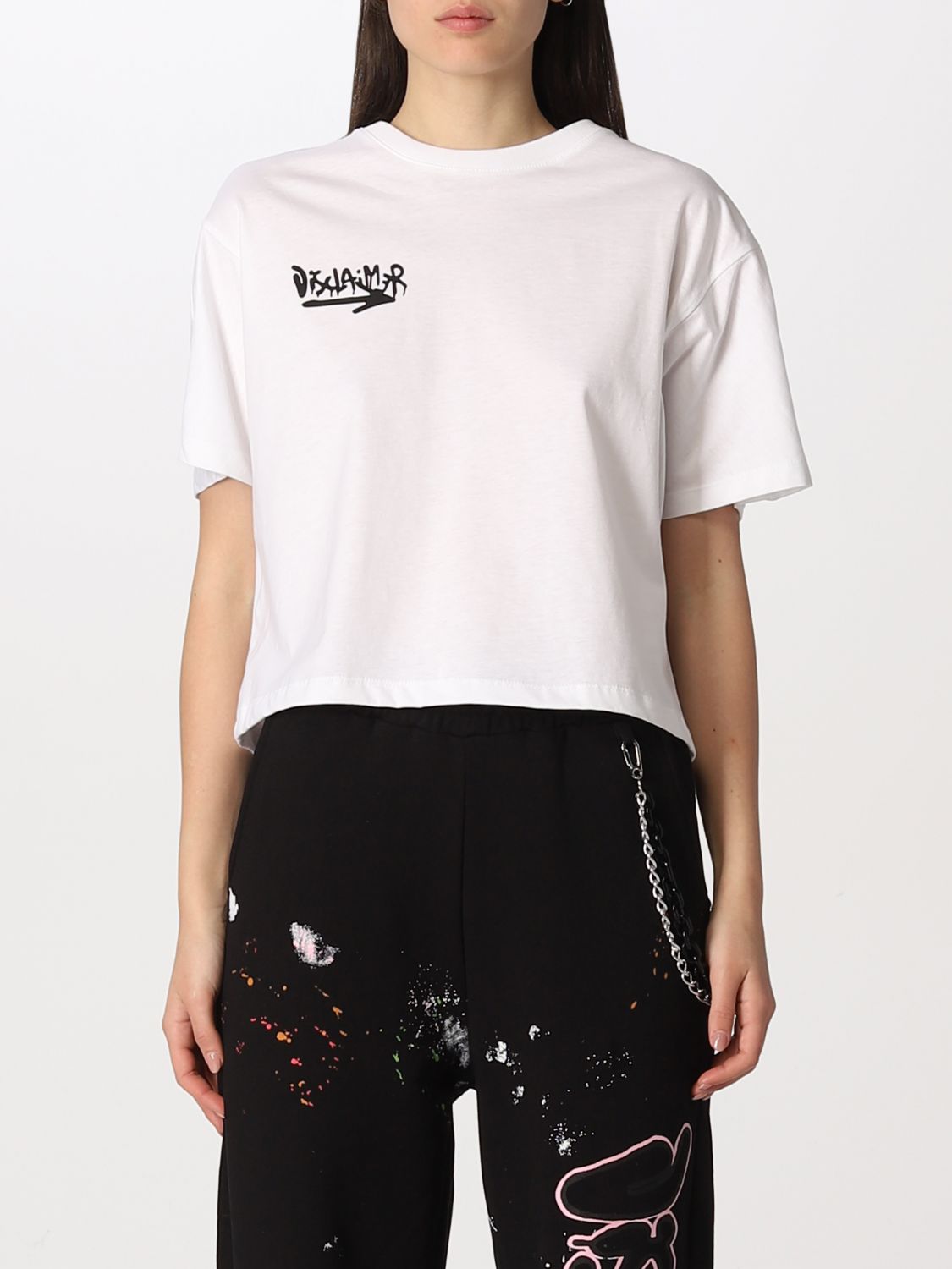 Disclaimer Cropped  Cotton T-shirt In White