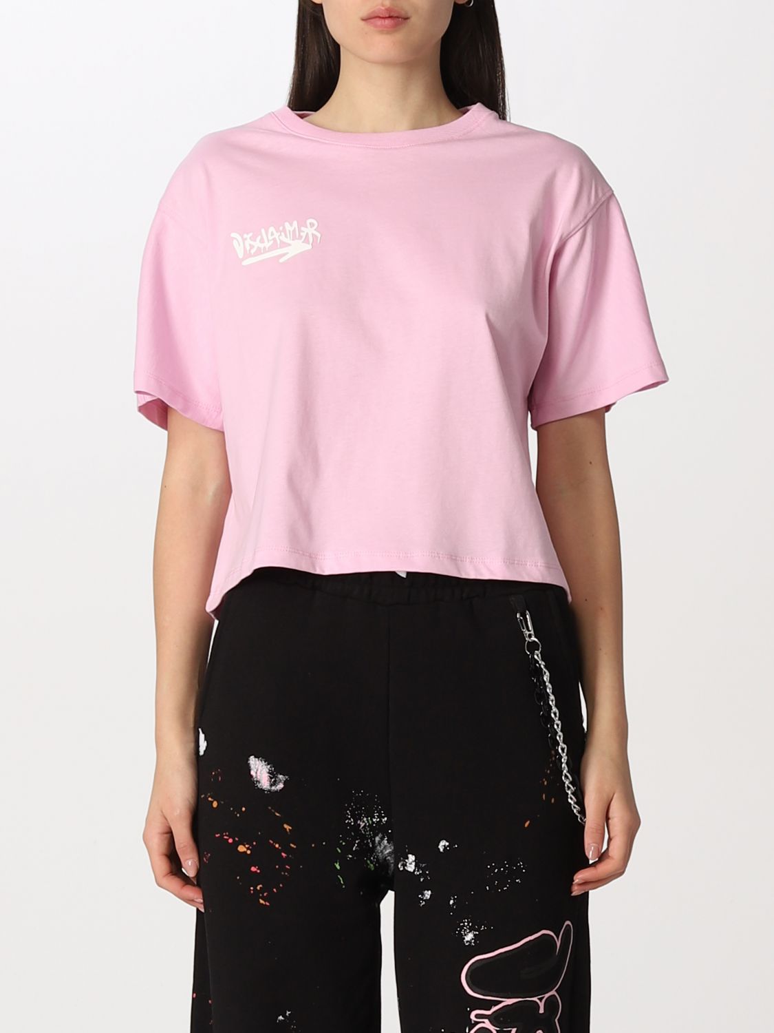 Disclaimer Cropped  Cotton T-shirt In Pink