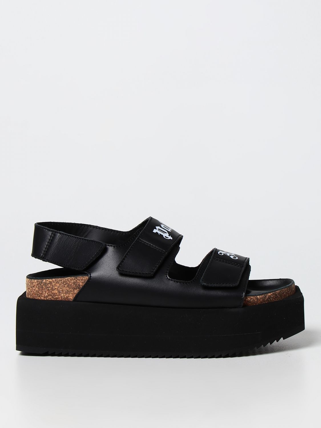 PALM ANGELS: platform sandals in leather - Black | Palm Angels wedge ...