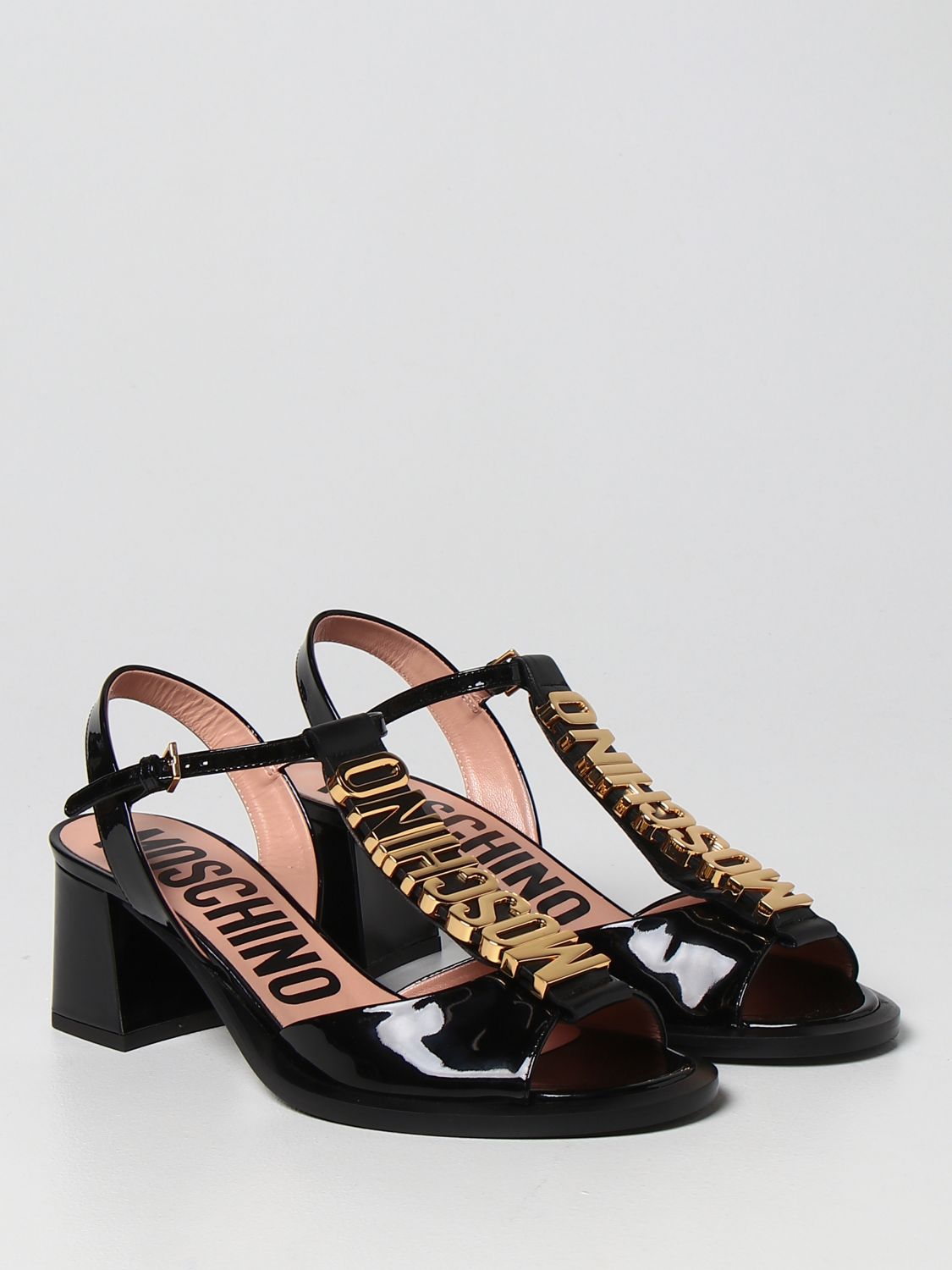 Sandali con tacco Moschino Couture: Sandalo Moschino Couture in vernice con logo lettering nero 2