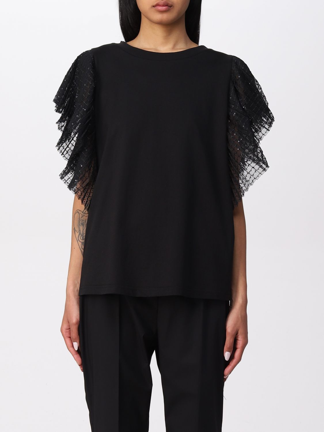 TWINSET: top with ruffle sleeves - Black | Twinset tops 221TT205A ...