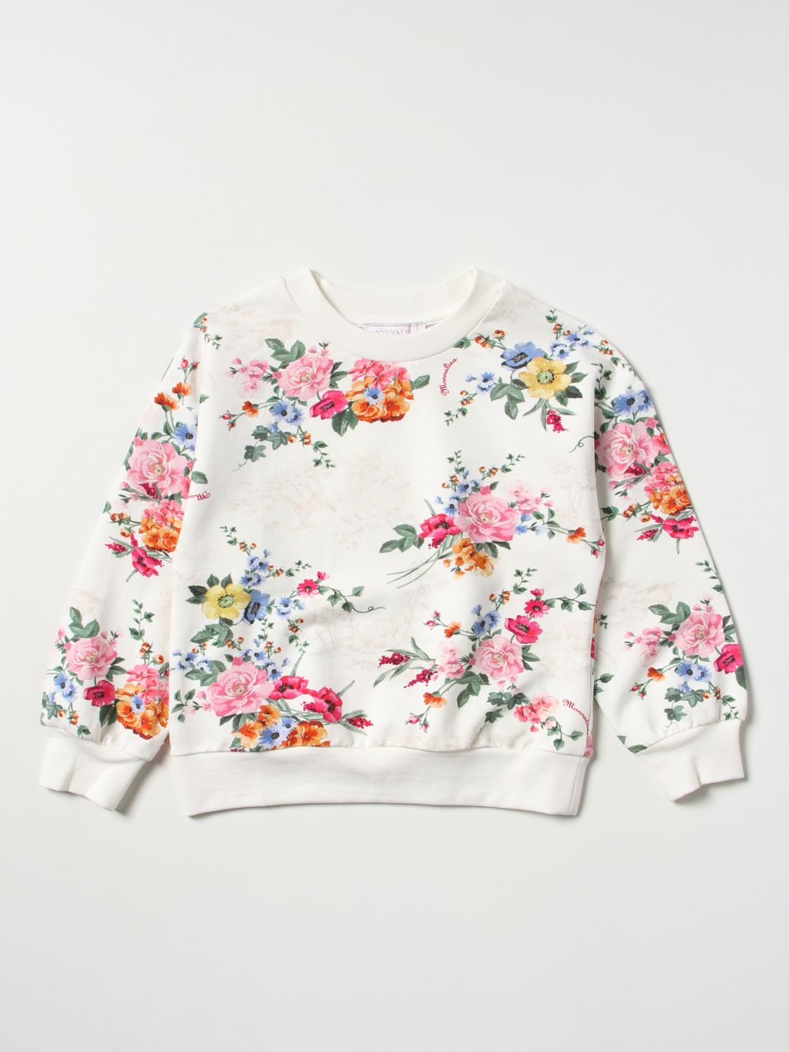 Monnalisa Cotton Sweatshirt With Floral Print In Ecru