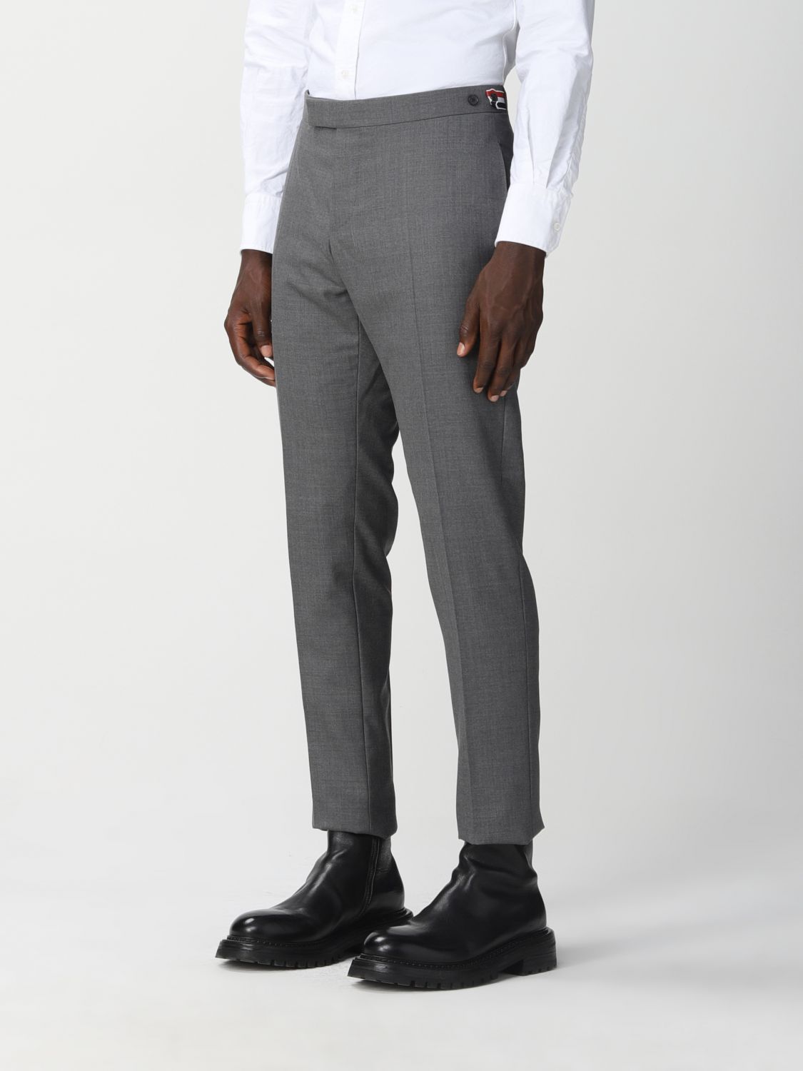 for Men Slacks and Chinos Formal trousers Mens Clothing Trousers Grey Thom Browne Wool Low Rise Skinny Side Tab Trouser In Super 120s Twill in Grey 
