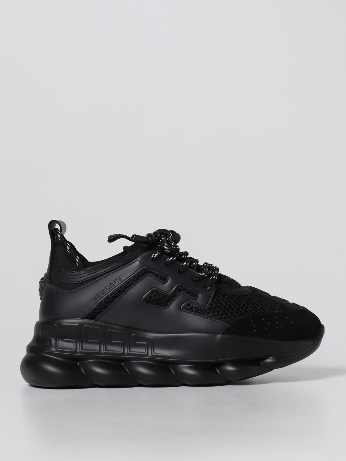 VERSACE: Chain Reaction mesh and leather sneakers - Black | Versace ...