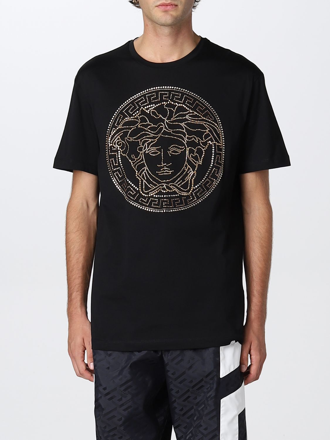 VERSACE: t-shirt with rhinestone Medusa - Black | Versace t-shirt ...