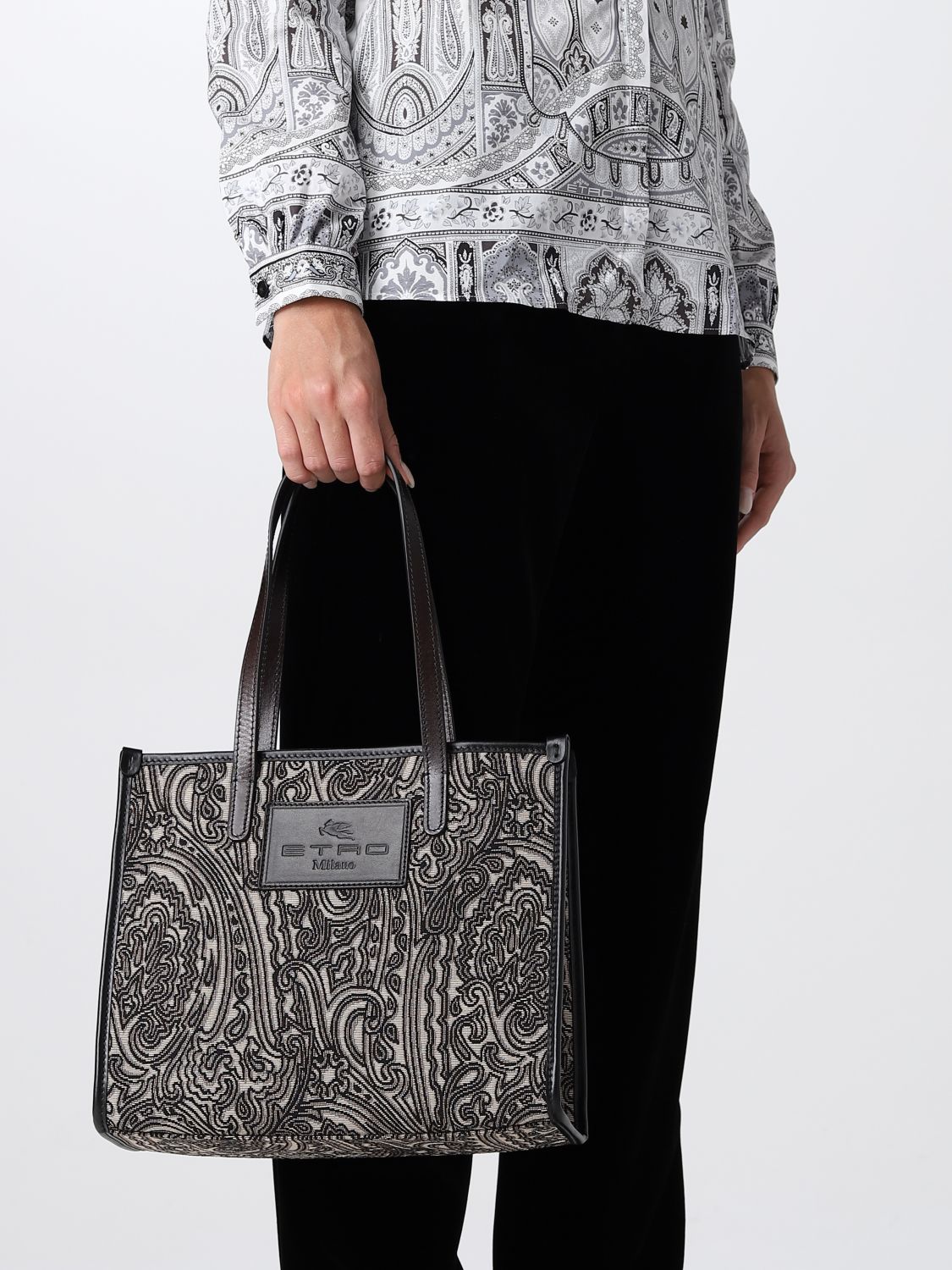 ETRO: canvas bag with maxi jacquard paisley - Black | Etro tote bags ...