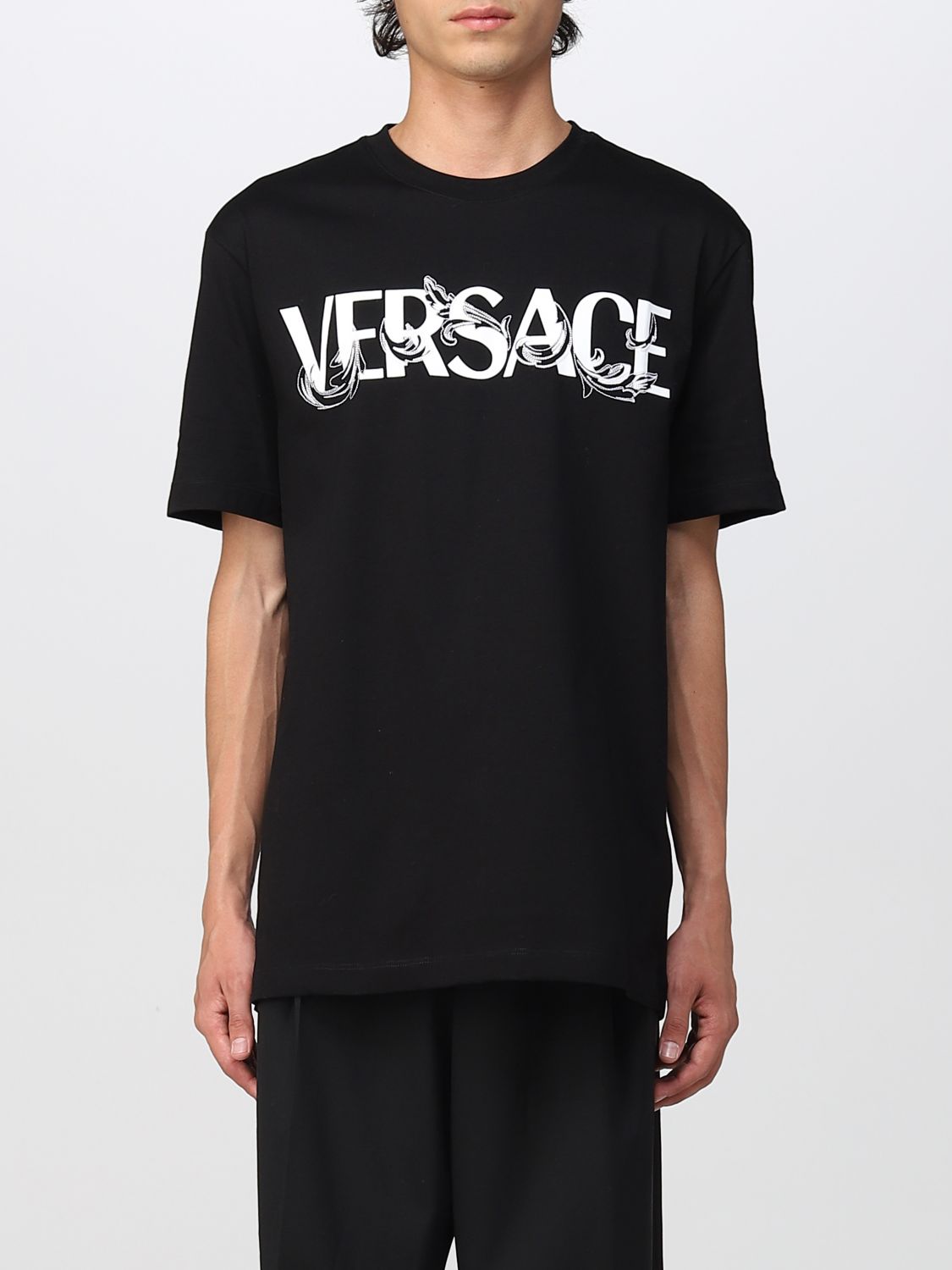 VERSACE: t-shirt with logo print - Black | Versace t-shirt ...