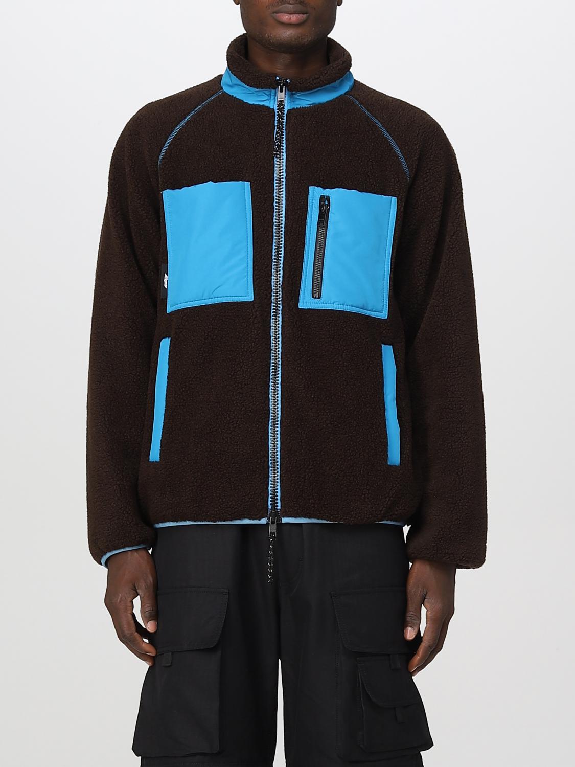 Msgm Logo High Neck Jacket With Contrast Pockets In Brown