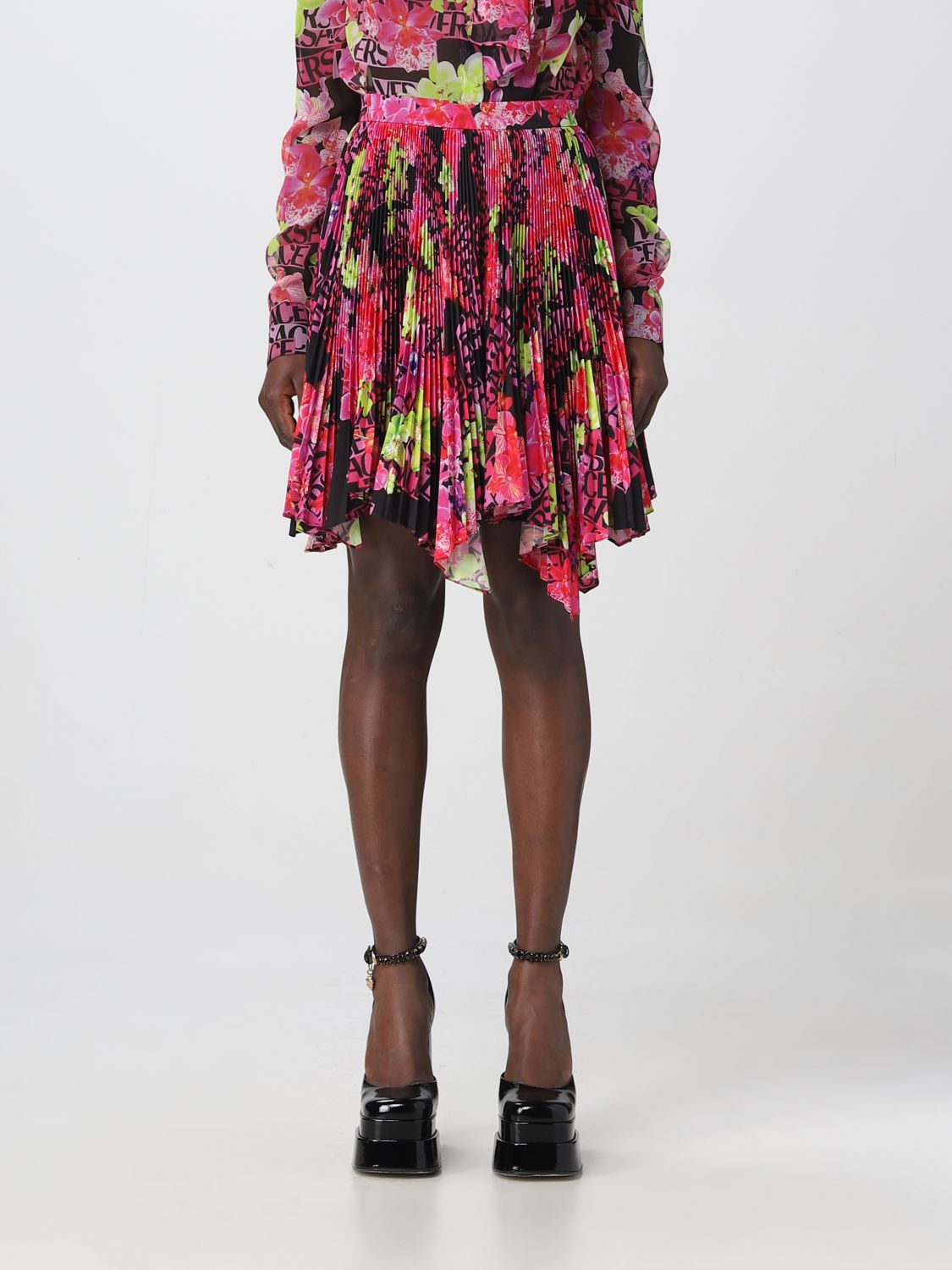 Shop Versace Orchid  Skirt In Pleated Fabric In Multicolor
