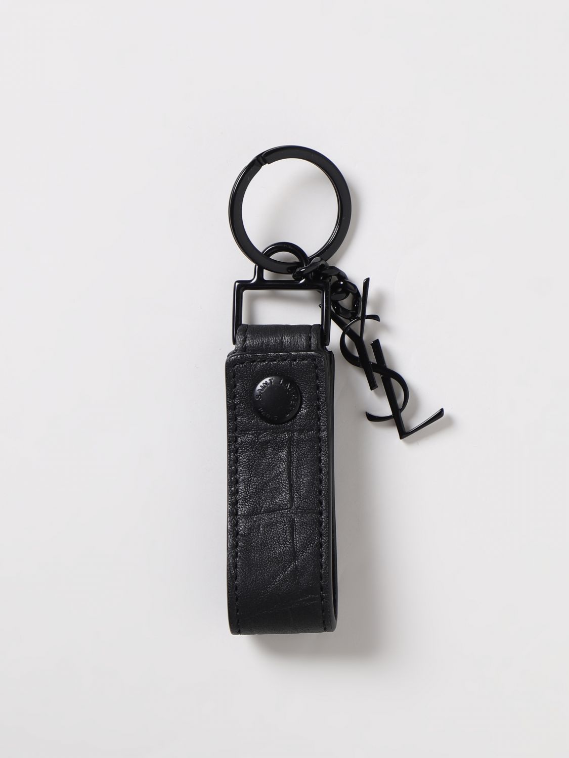 SAINT LAURENT: key crocodile print leather keychain with monogram