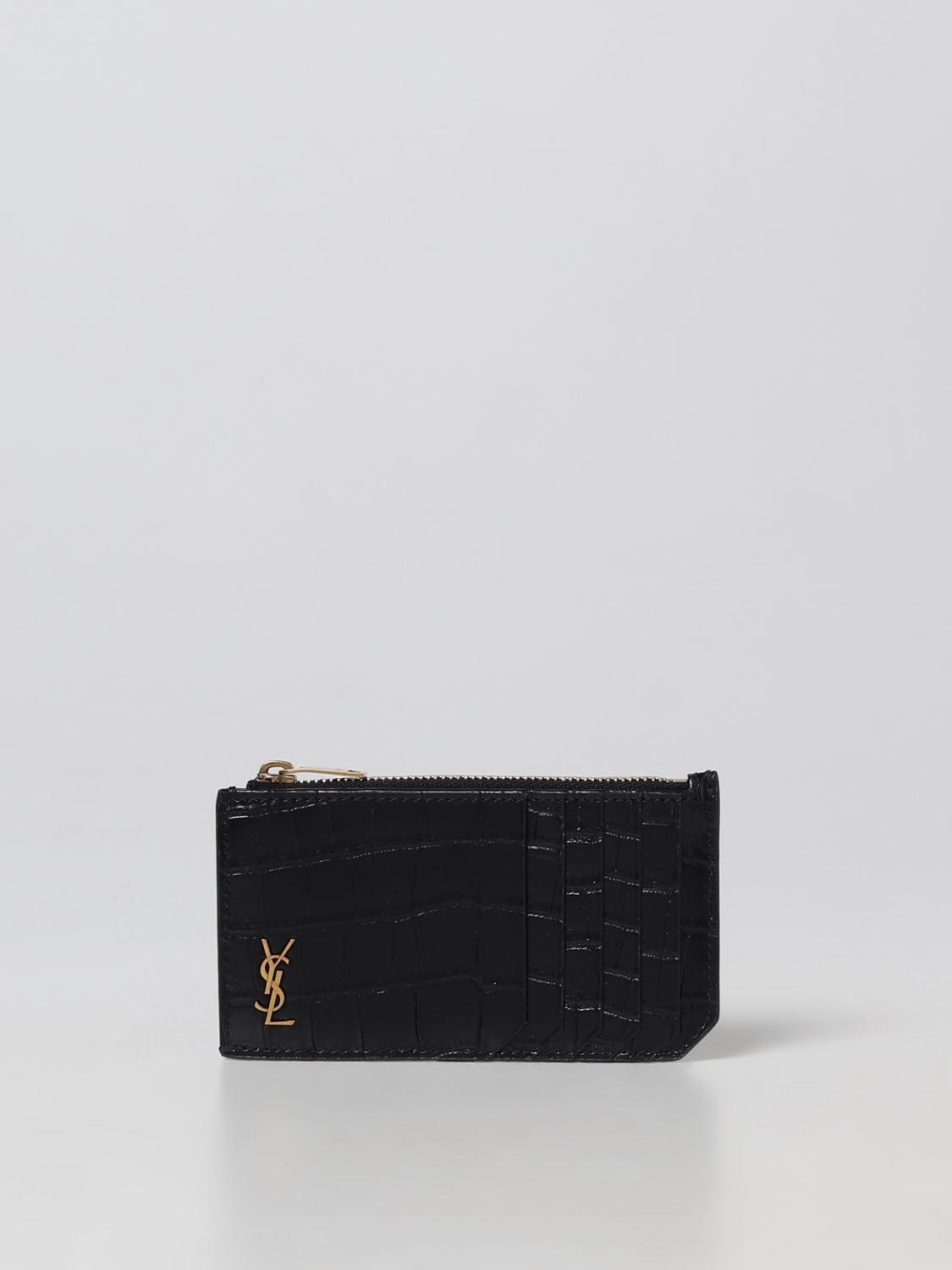 Cassandre Credit Card Wallet In Crocodile-Embossed Leather Black