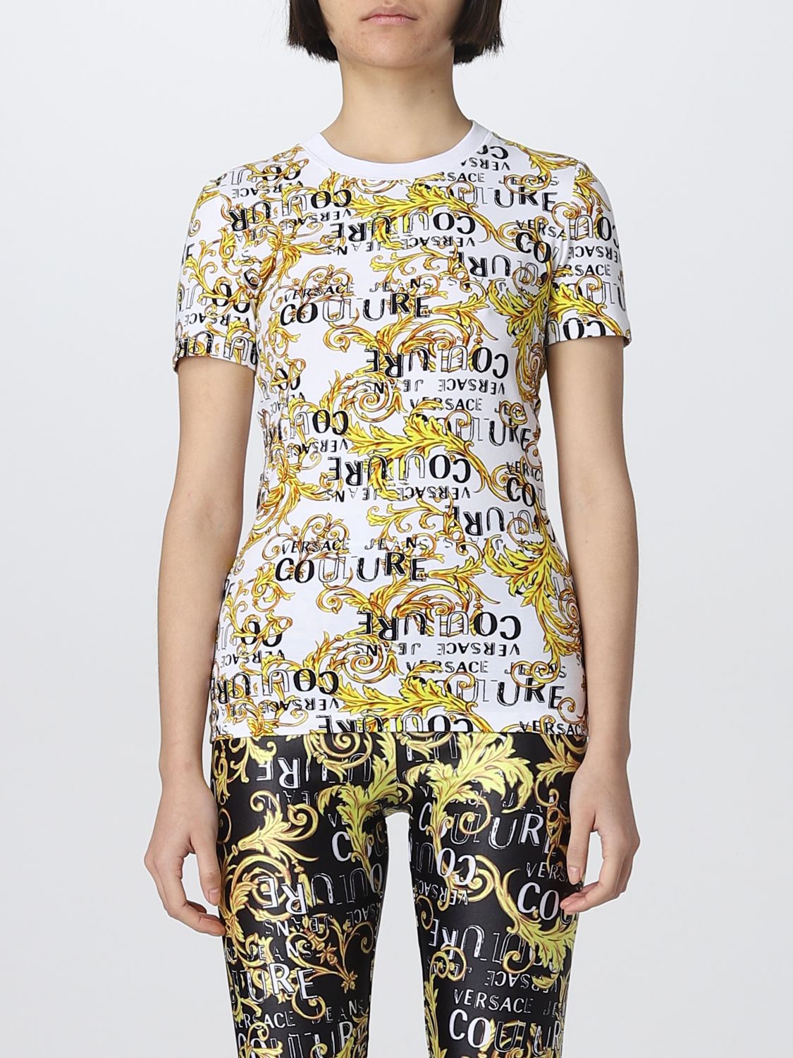 Shop Versace Jeans Couture T-shirt In Printed Stretch Cotton In White