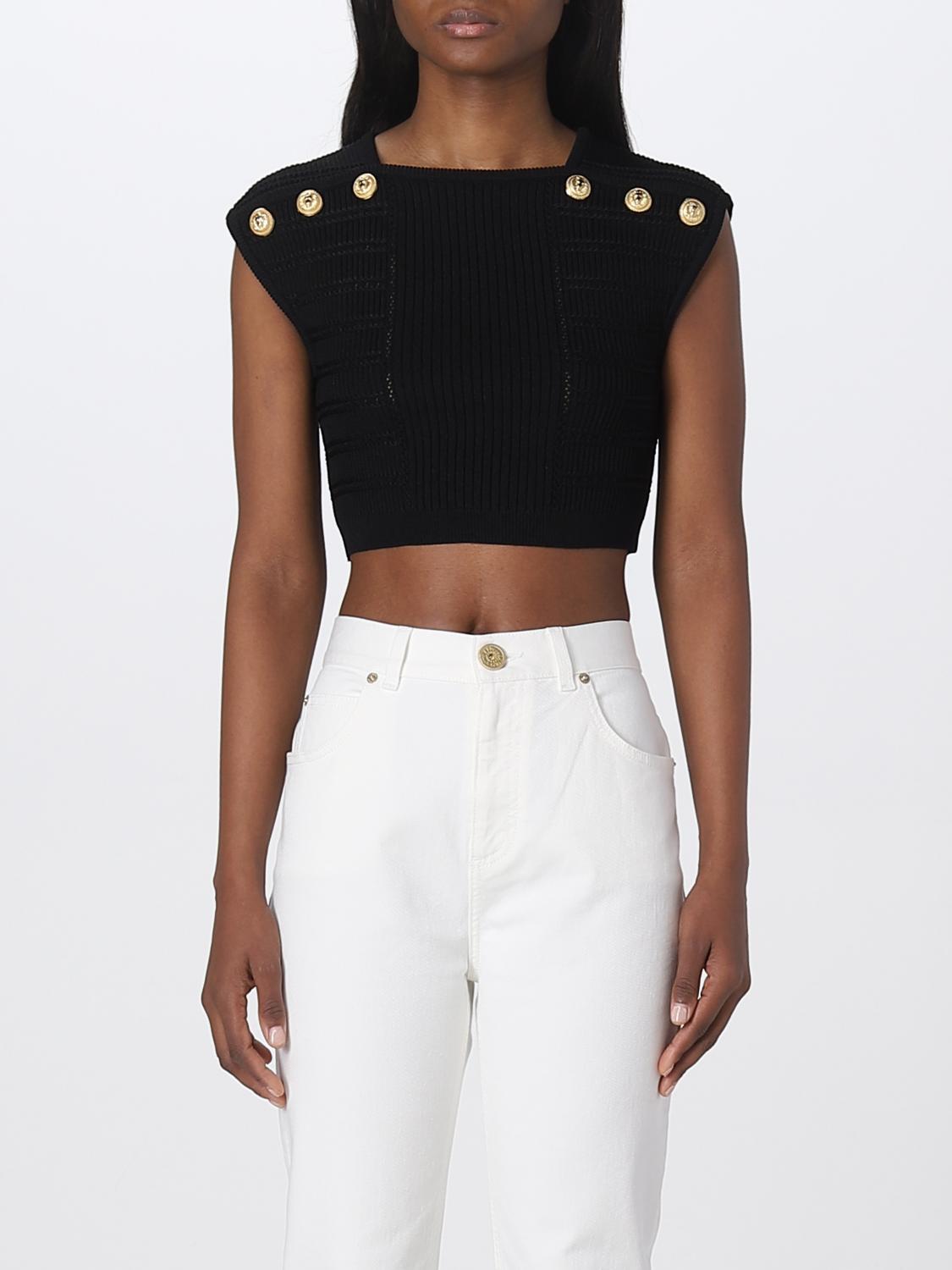 Balmain 6-button Pointelle Knit Crop Top In Black