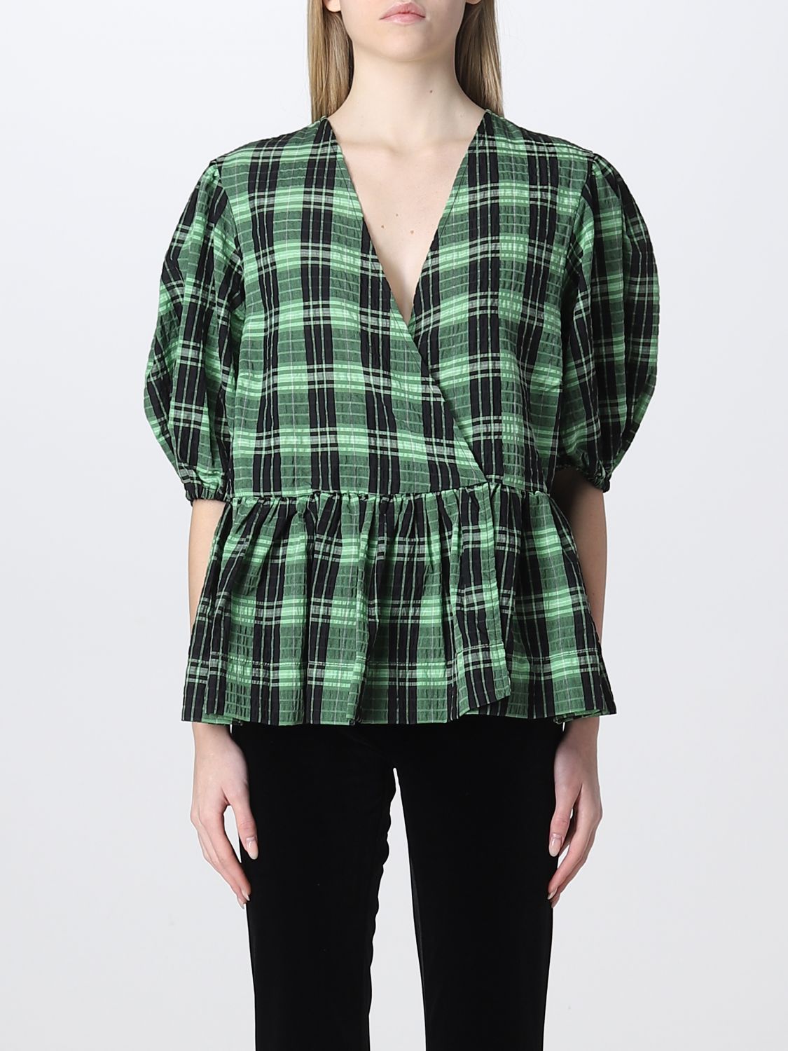 Shop Ganni Blouse In Cotton Blend In Green