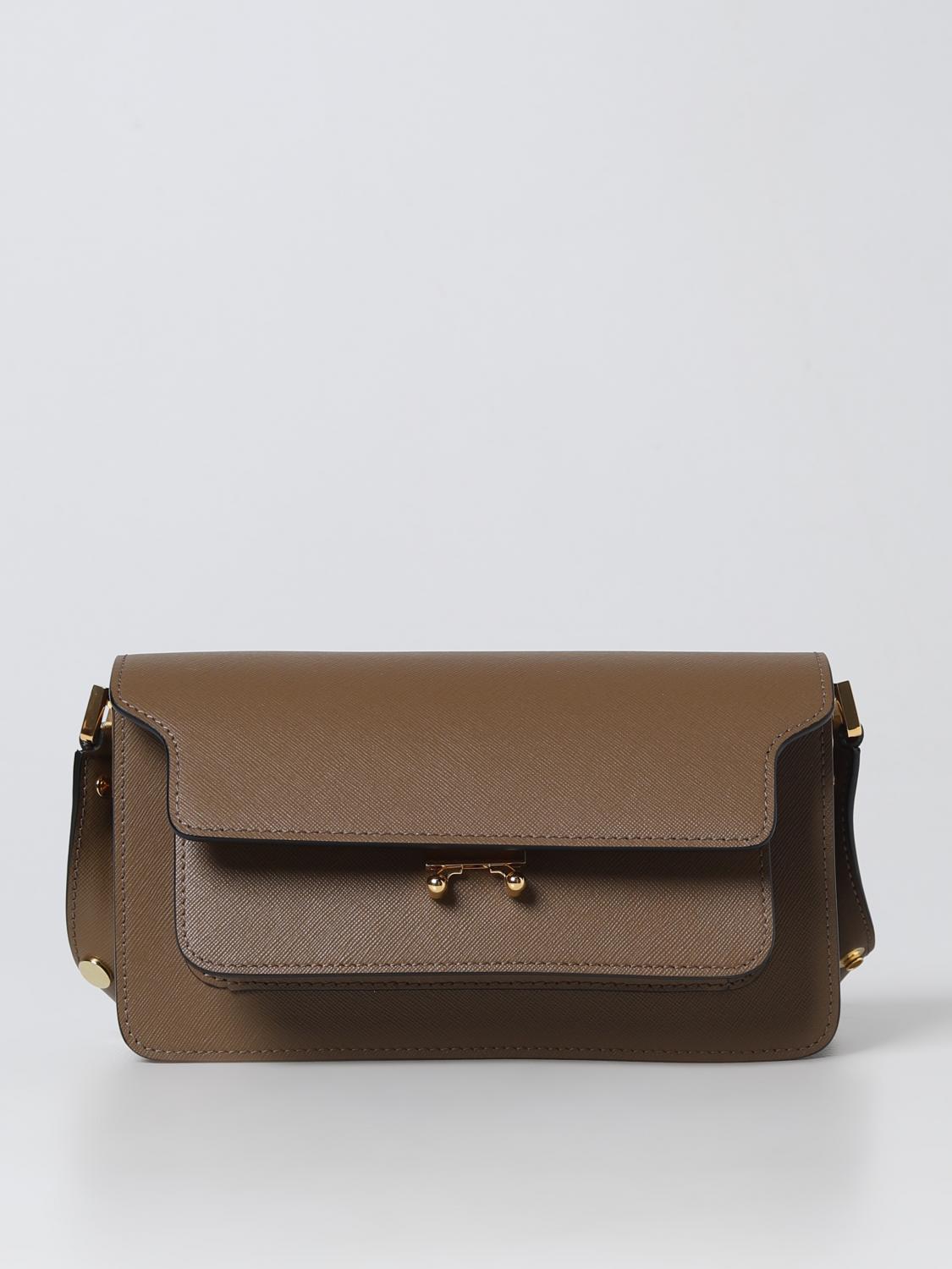 Marni Leather Shoulder Bag With Exterior Pocket In Beige