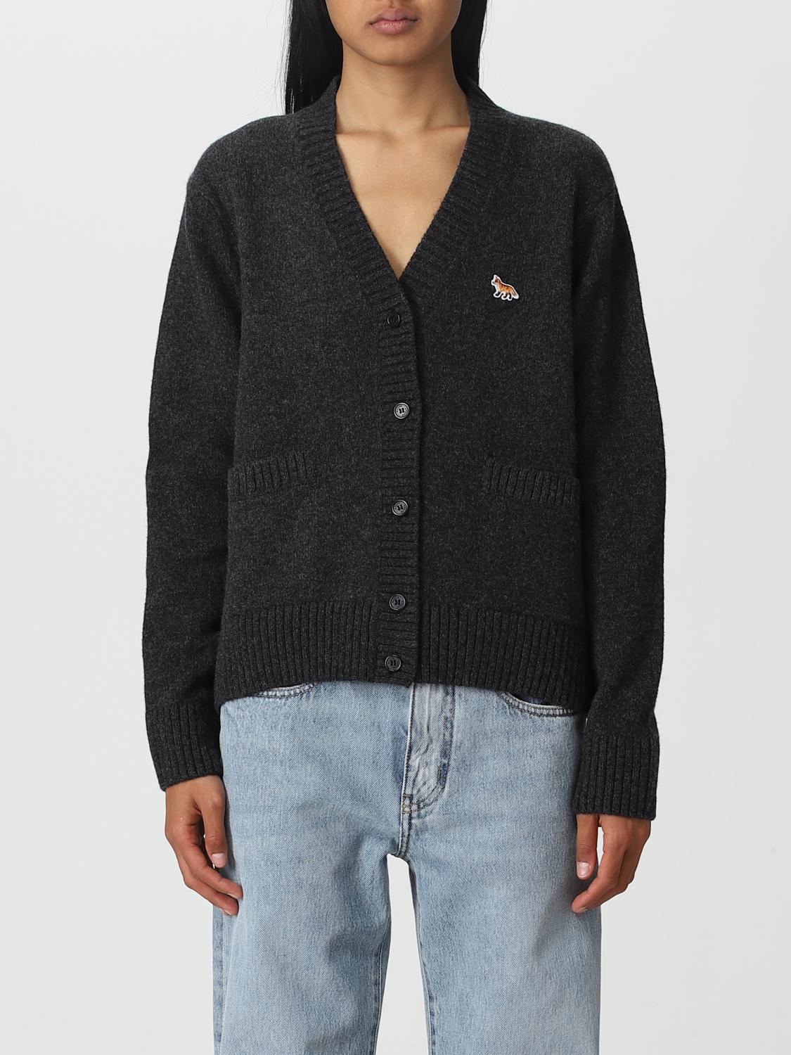 Maison Kitsuné Oversized Blue Cardigan 100% Wool With Fox Patch In Grey