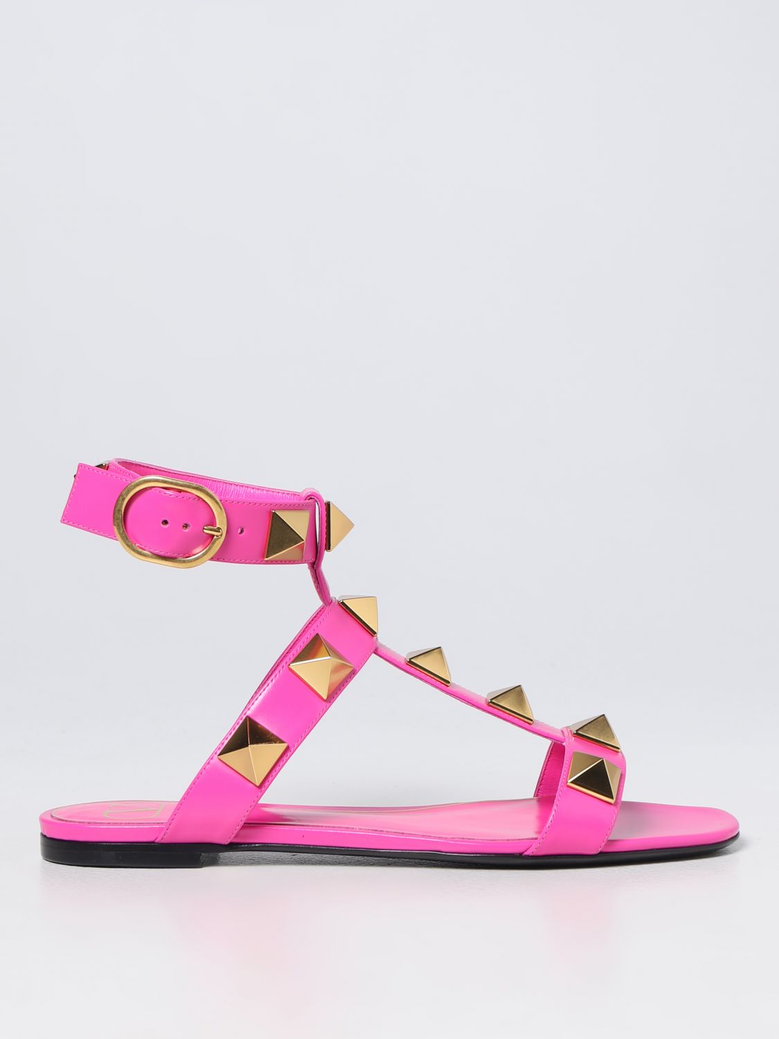 VALENTINO GARAVANI: Roman Stud sandals in leather - Pink | Valentino Garavani flat 2W2S0BU8ZWM online at GIGLIO.COM
