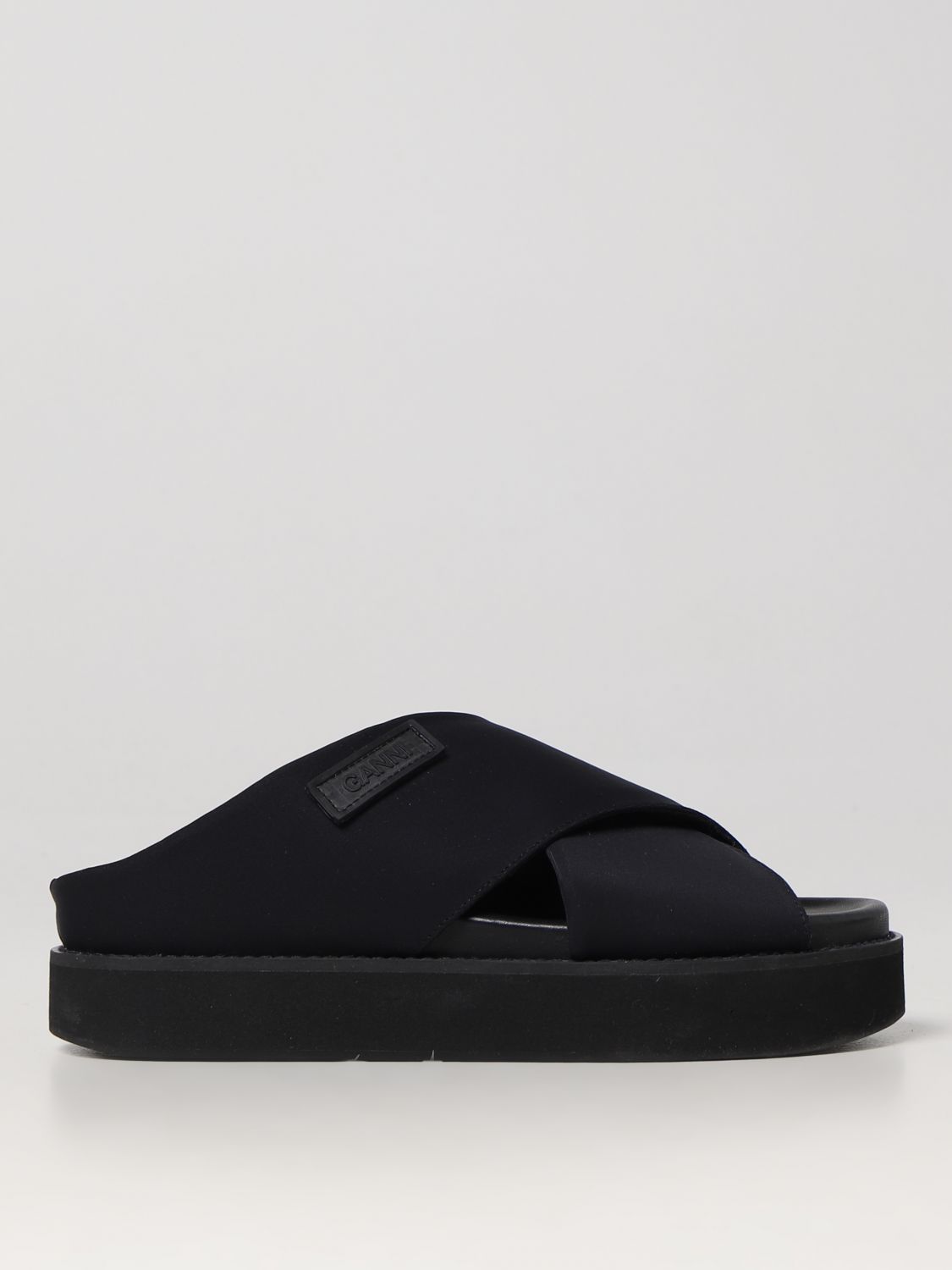 Shop Ganni Sandals In Fabric And Leather In Black