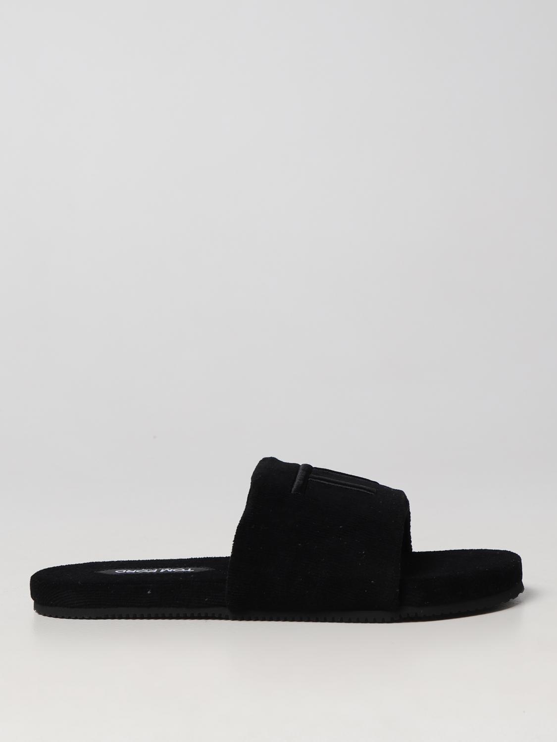 Tom Ford Velvet Effect Slippers Embroidered Logo Shoes In Black