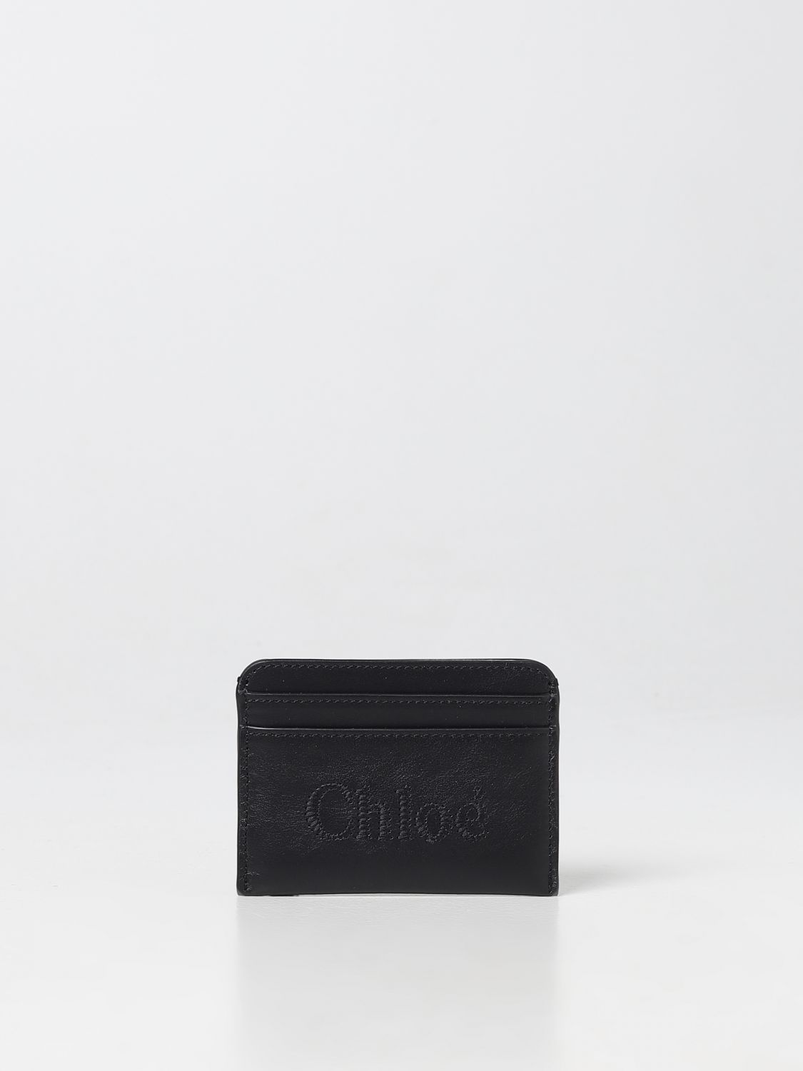 Chloé Sense  Credit Card Holder In Leather With Embroidered Logo In Black