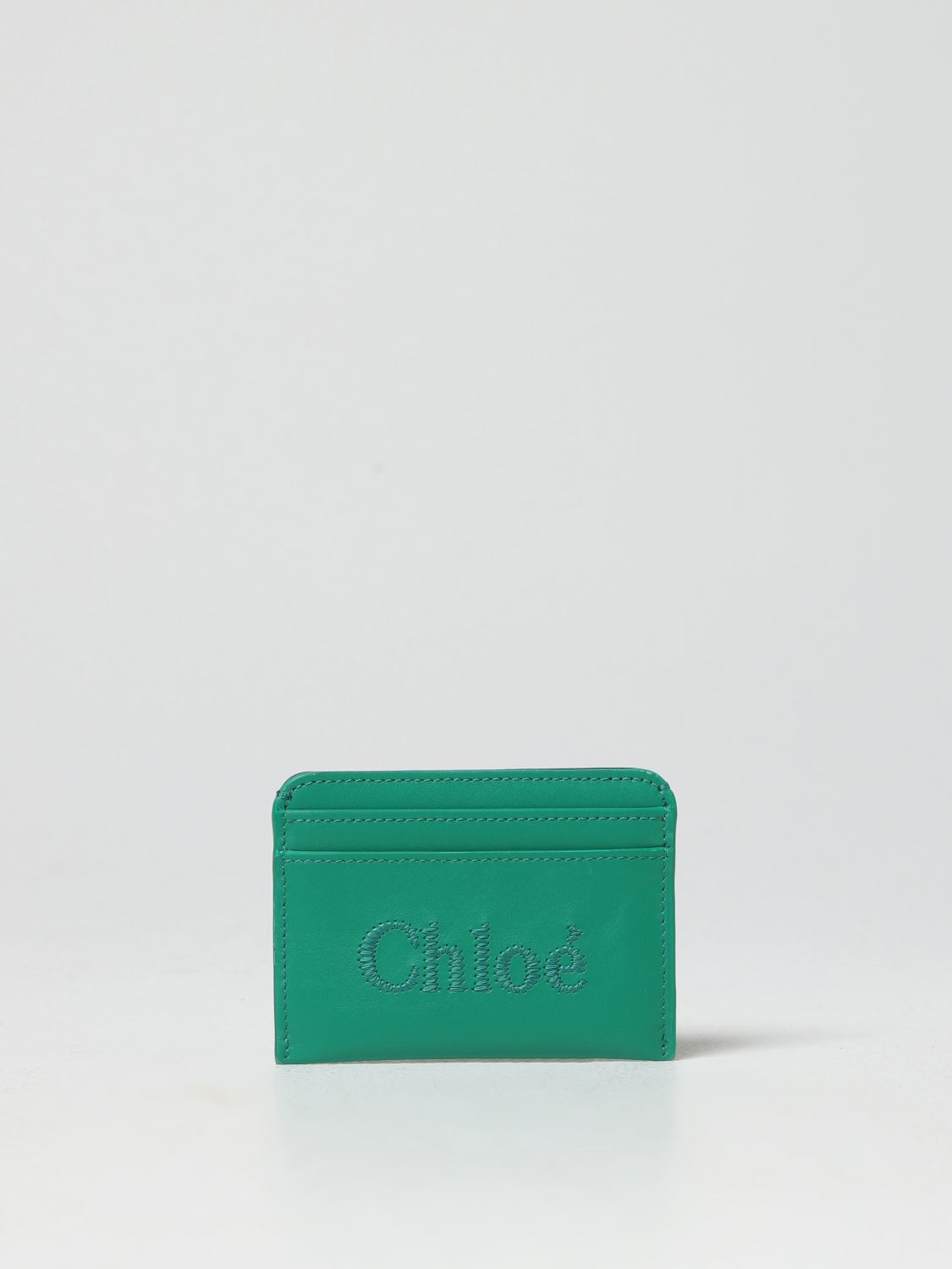 Chloé Sense  Credit Card Holder In Leather With Embroidered Logo In Green