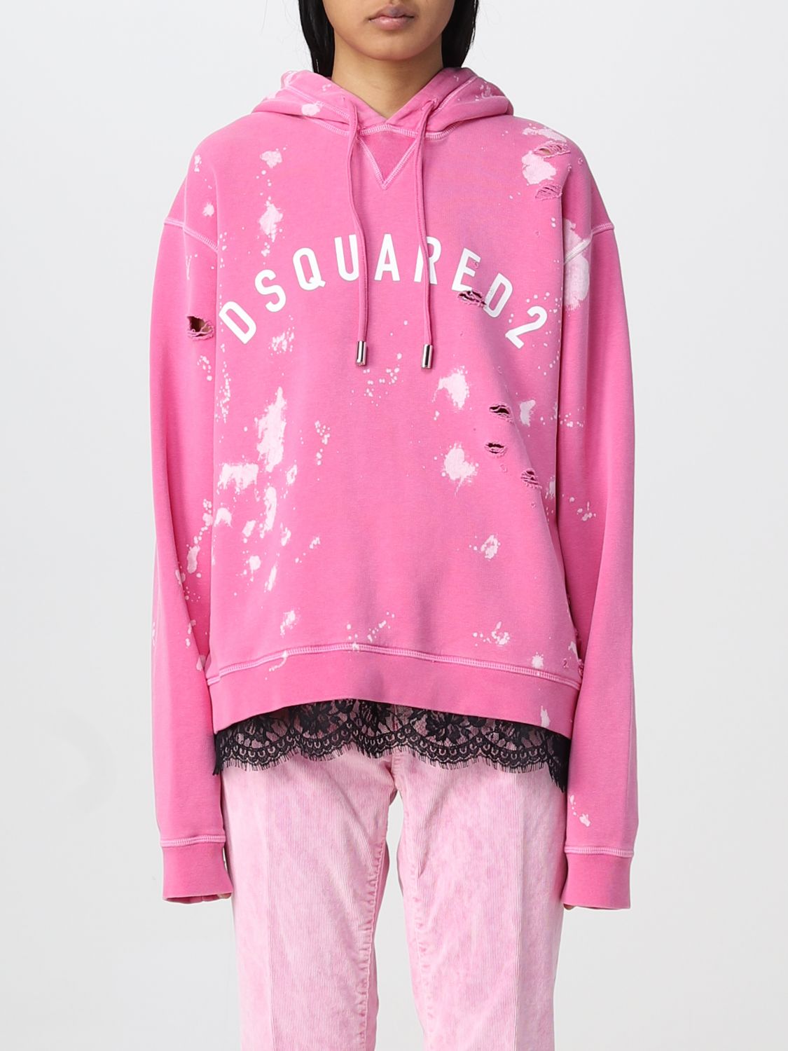 Shop Dsquared2 Sweatshirt In Painted Effect Cotton In Fuchsia