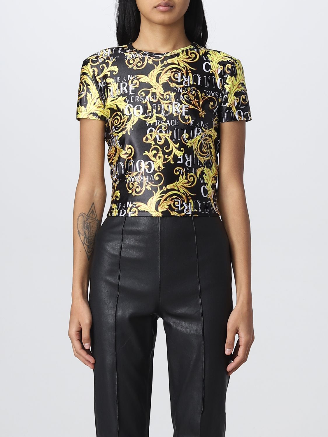 Shop Versace Jeans Couture T-shirt In Printed Stretch Fabric In Black