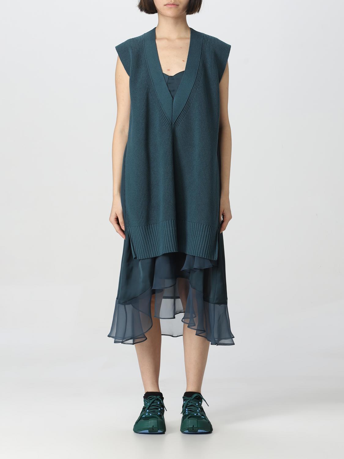 Sacai Mixed-media Layered Sweater Vest Midi Dress In Green