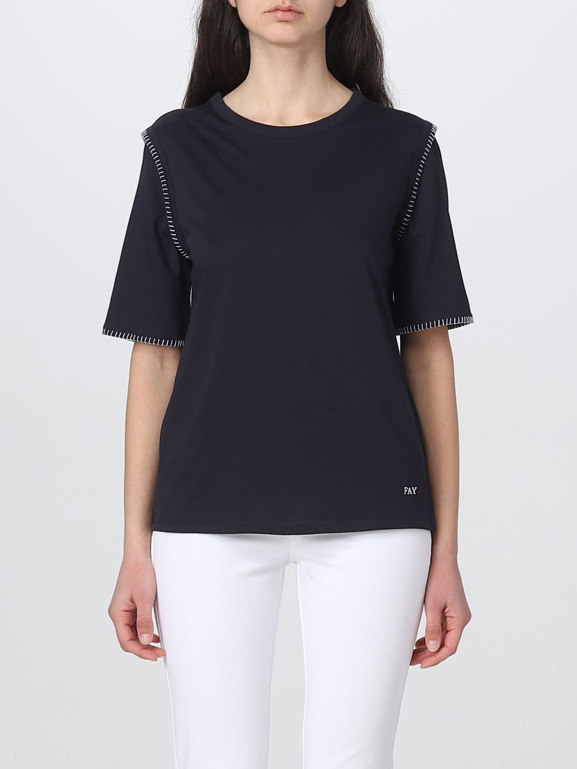 Fay Long T-shirt With Stitching In Navy