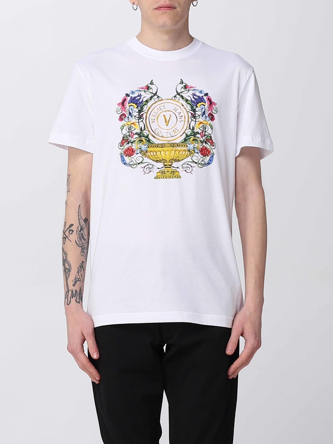 Shop Versace Jeans Couture T-shirt With V Logo Print In White