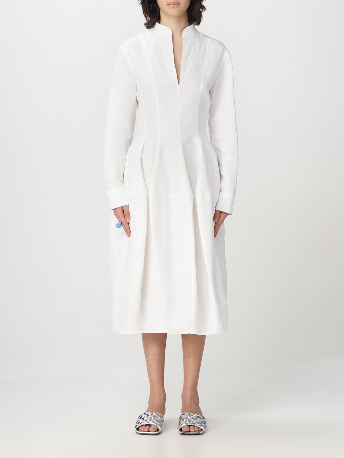 Shop Bottega Veneta Dress In Linen And Viscose In White