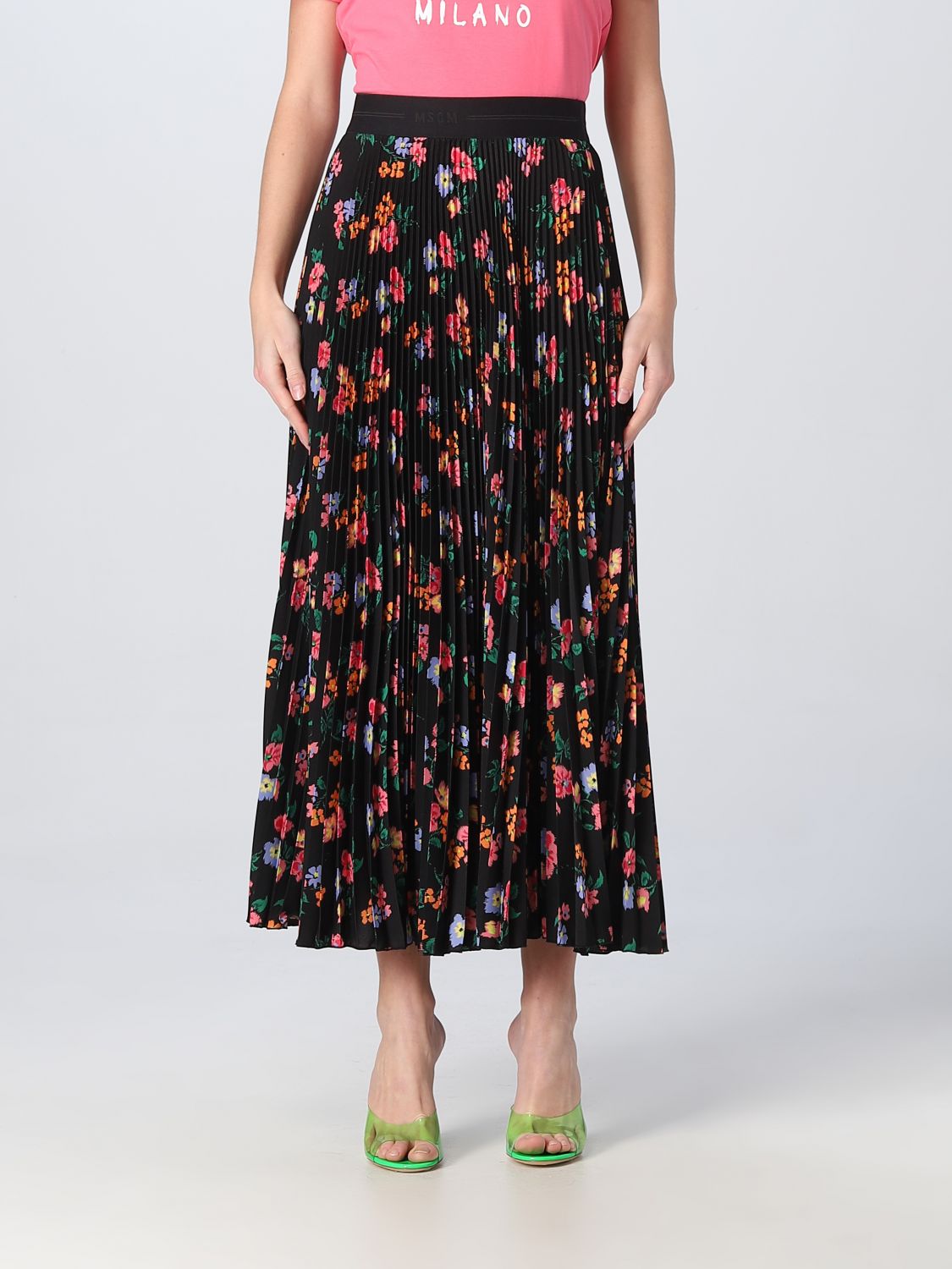Msgm Floral-print Midi Skirt In Black